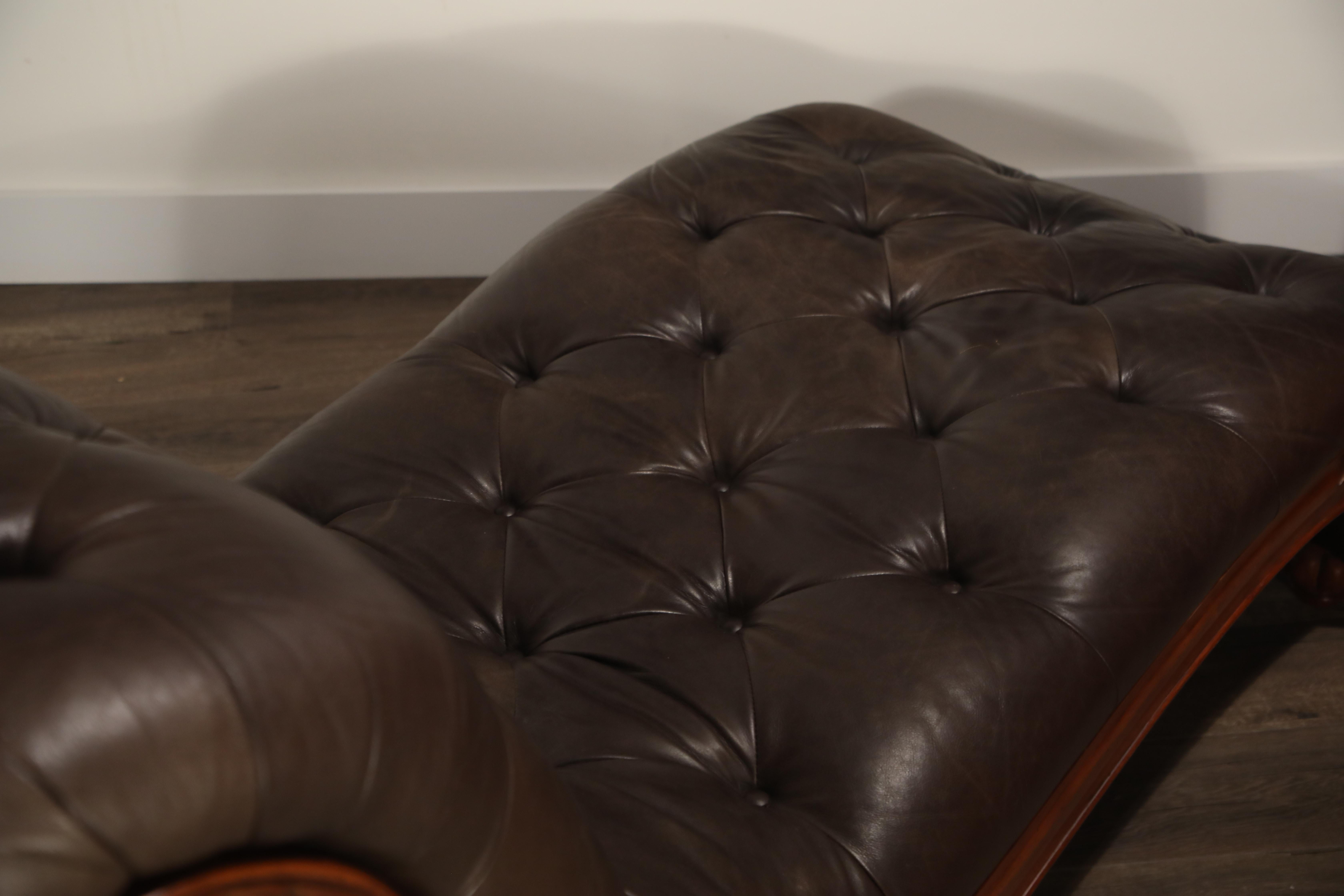 Pair of Leather Tufted Chesterfield Style Chaise Lounge Daybeds 1