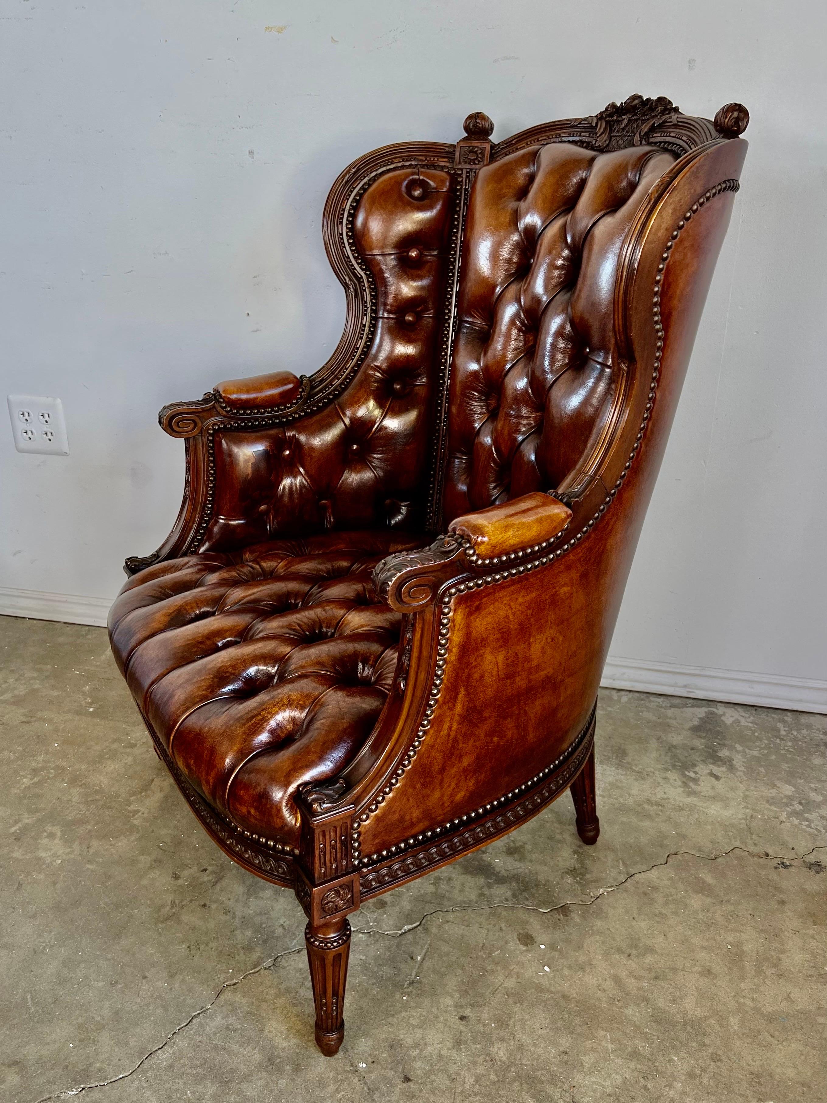 Pair of Leather Tufted Louis XVI Style Armchairs C. 1900's 7
