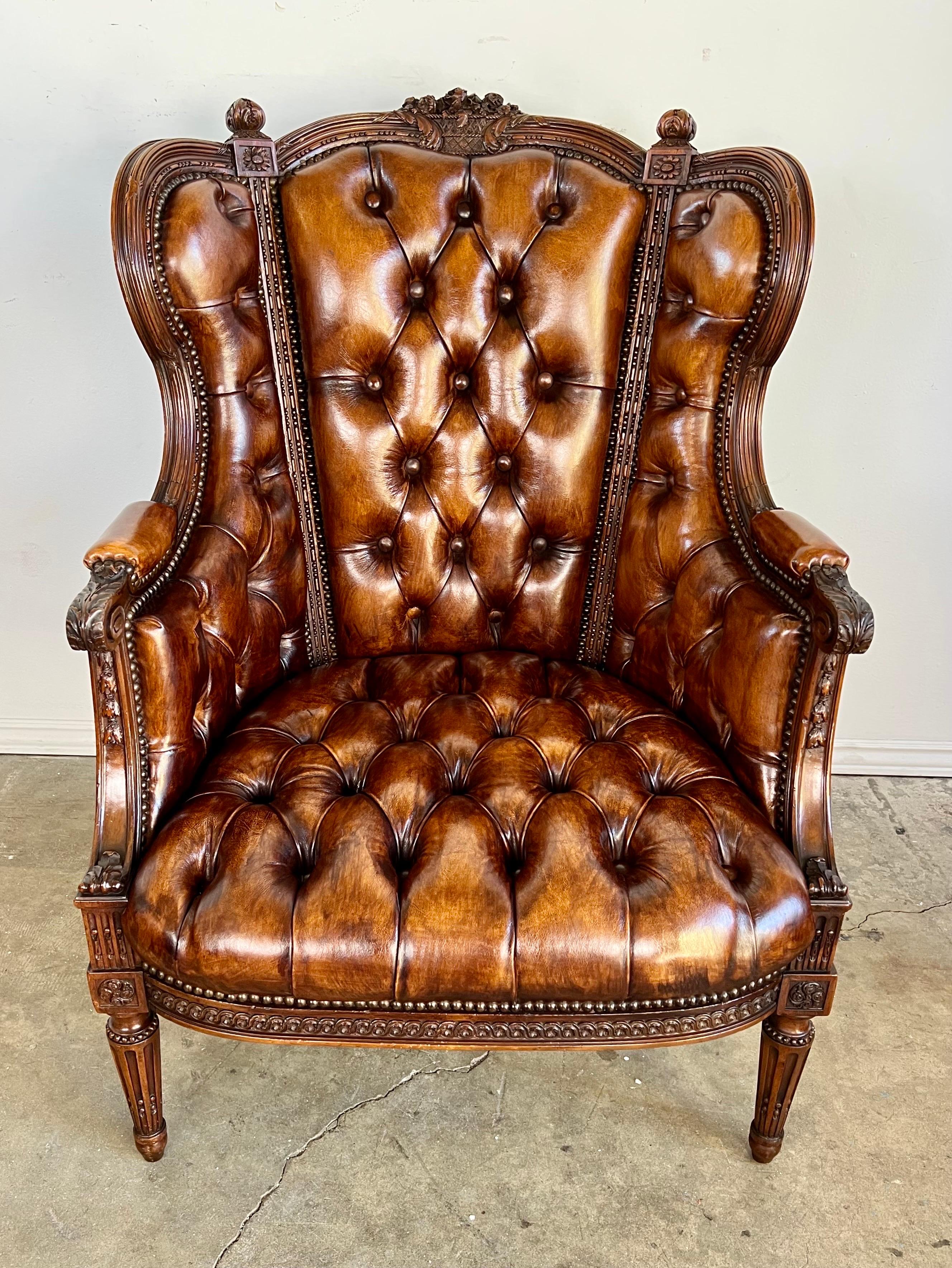 French Pair of Leather Tufted Louis XVI Style Armchairs C. 1900's