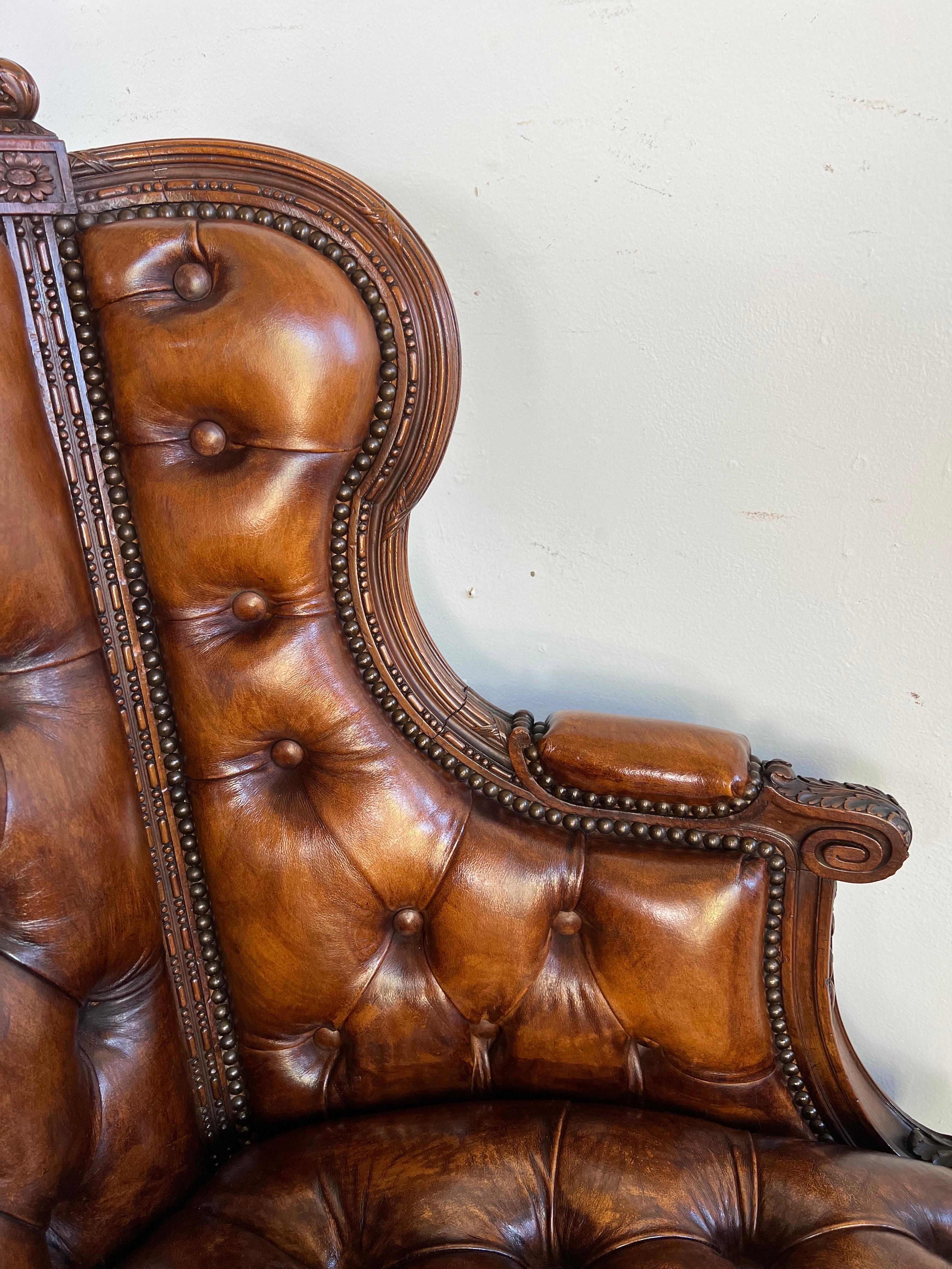 Pair of Leather Tufted Louis XVI Style Armchairs C. 1900's 3