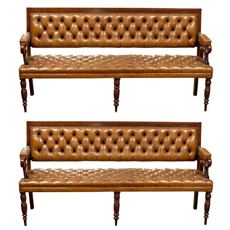 Pair of Leather Upholstered Benches For Sale at 1stDibs