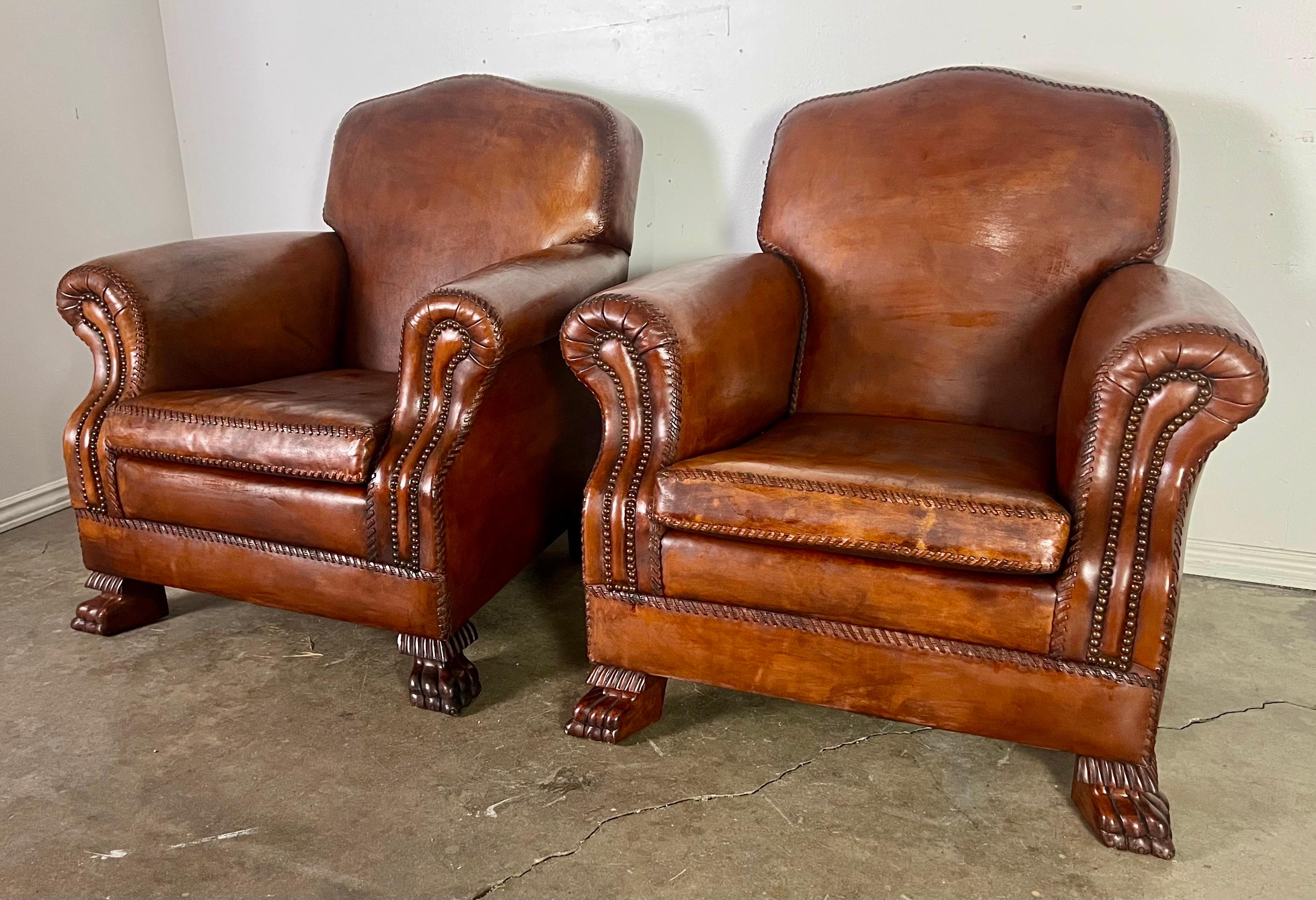 Art Deco Pair of Leather Upholstered Club Chairs For Sale