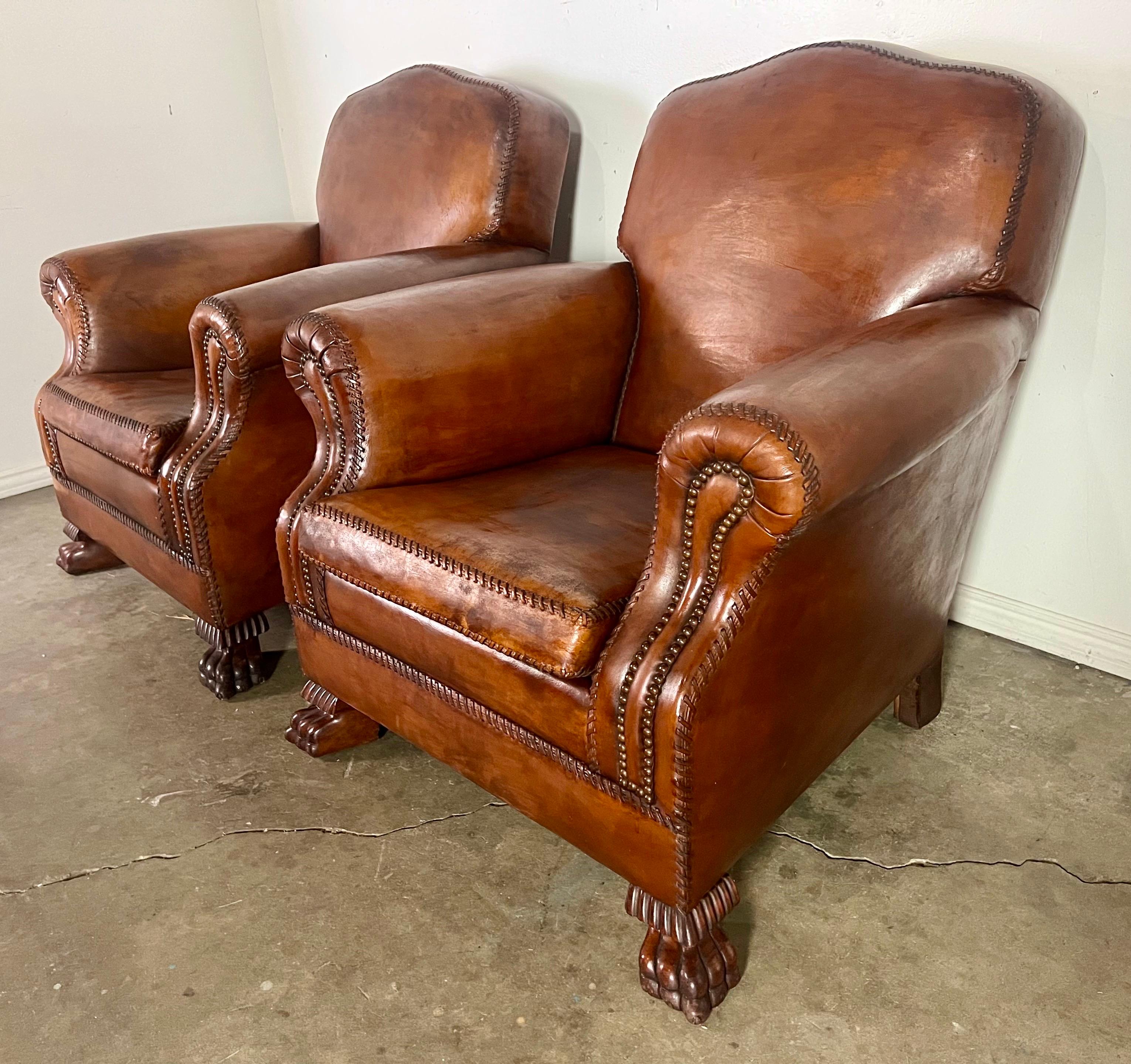 Pair of Leather Upholstered Club Chairs For Sale 1