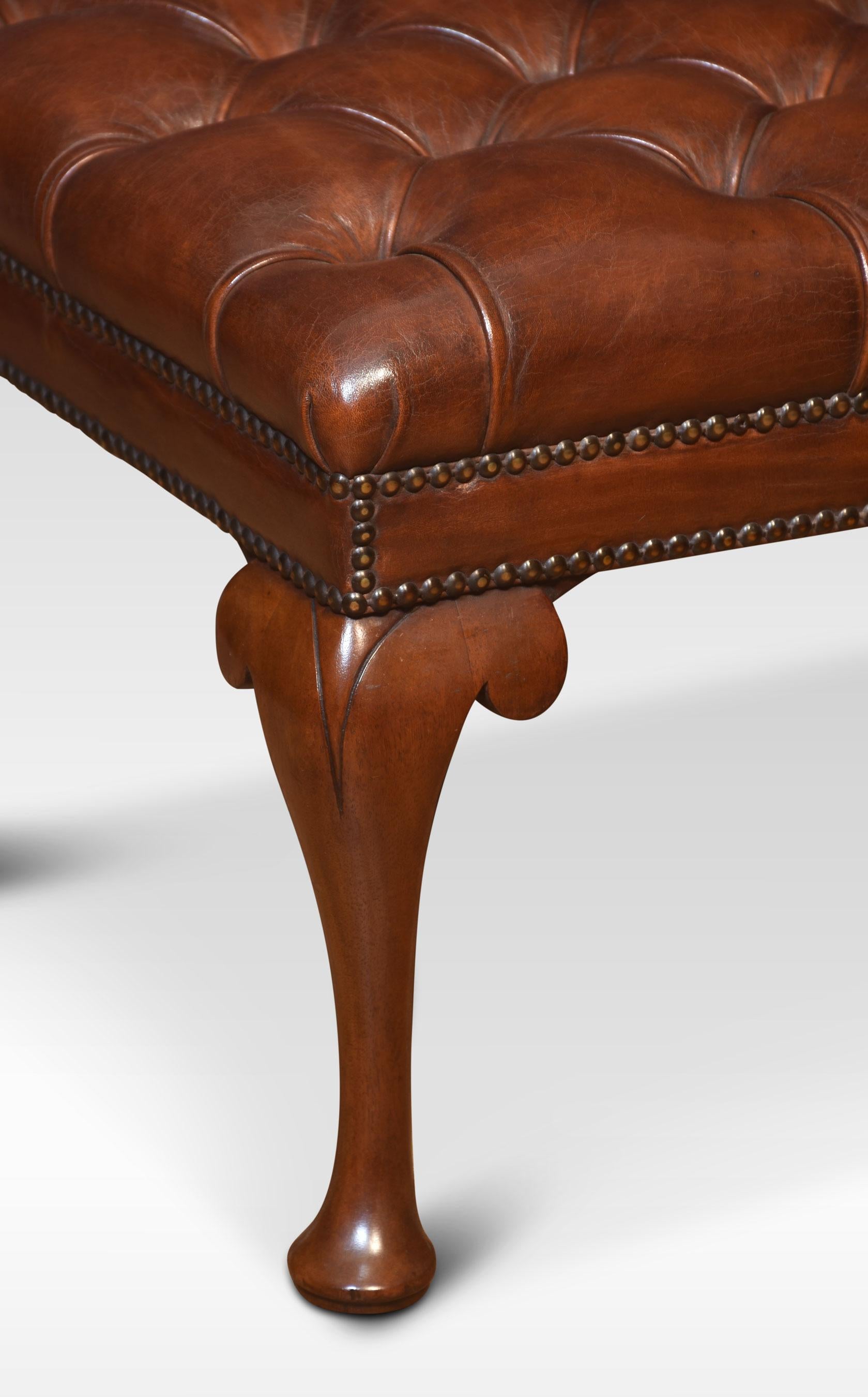 A pair of stools the rectangular upholstered brown leather deep buttoned seats raised up on four cabriole legs. The leather has been replaced and hand-dyed.
Dimensions
Height 16.5 Inches
Width 23.5 Inches
Depth 20.5 Inches