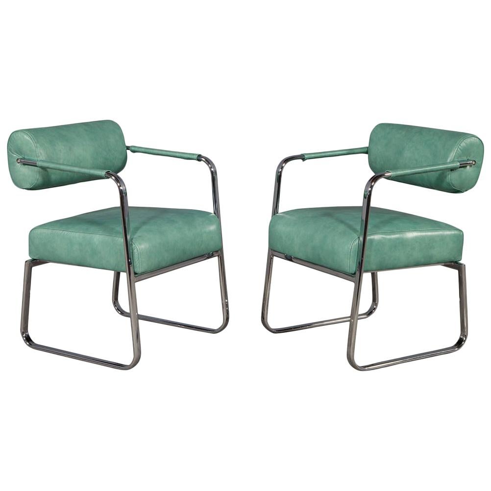 Pair of Leather Vintage Modern Roll Back Accent Chairs
