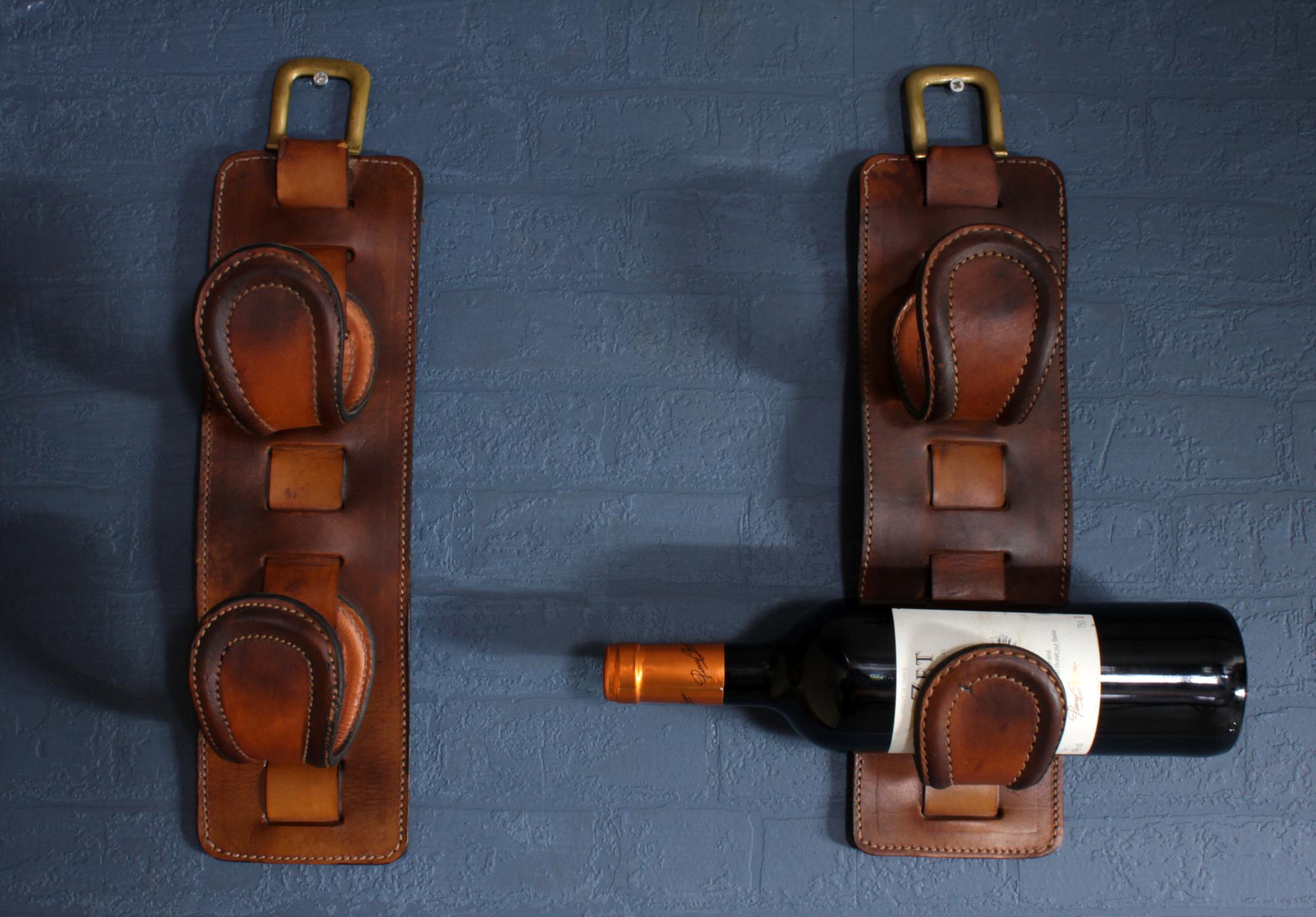 Brass Pair of Leather Wine Holders by Jacques Adnet, circa 1940