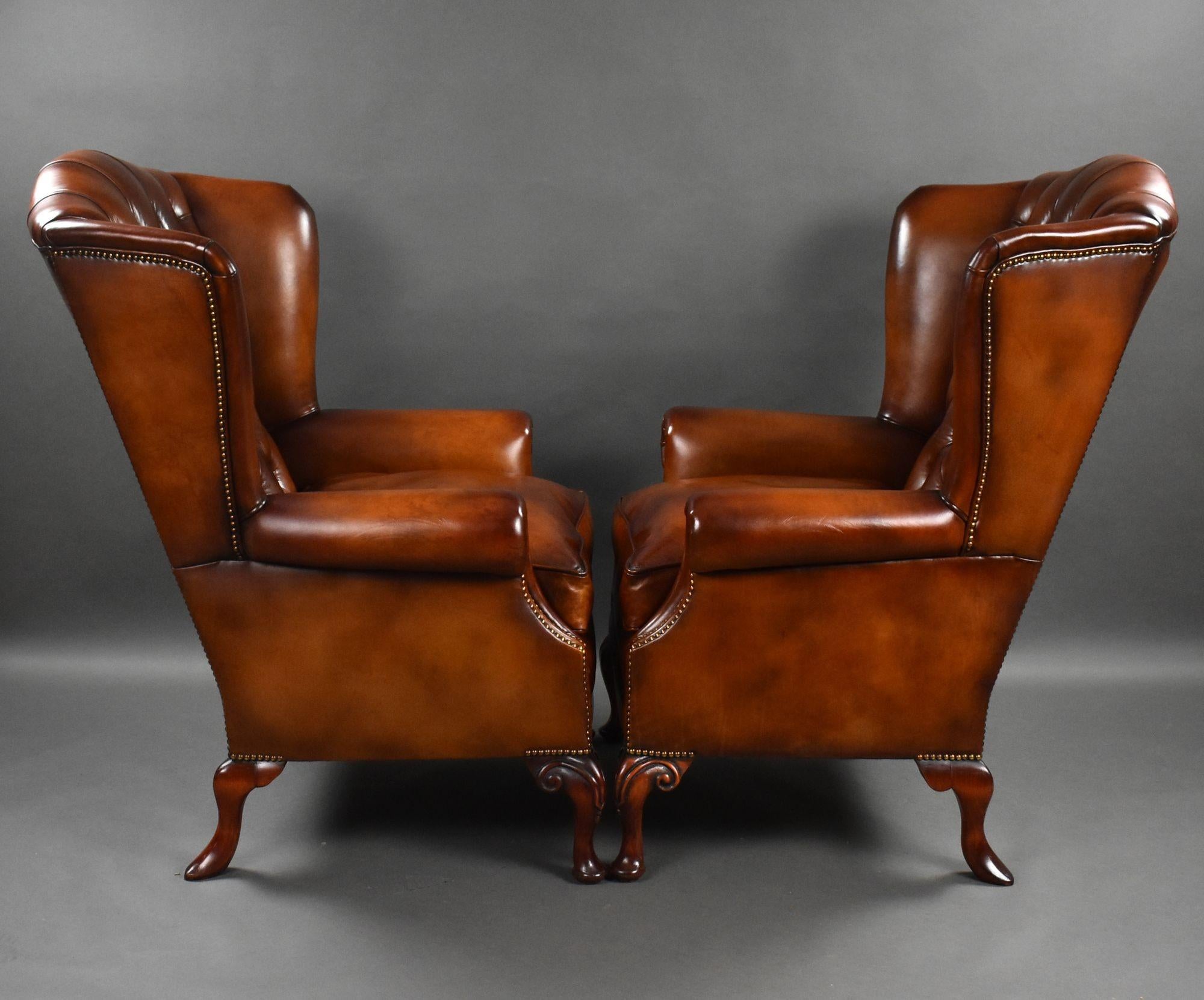 20th Century Pair of Leather Wing Back Armchairs For Sale