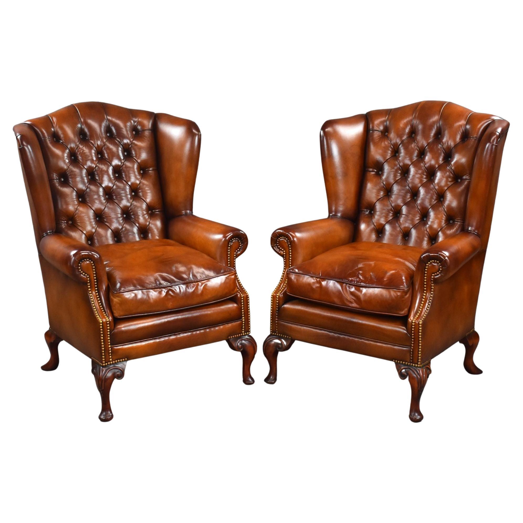 Pair of Leather Wing Back Armchairs For Sale