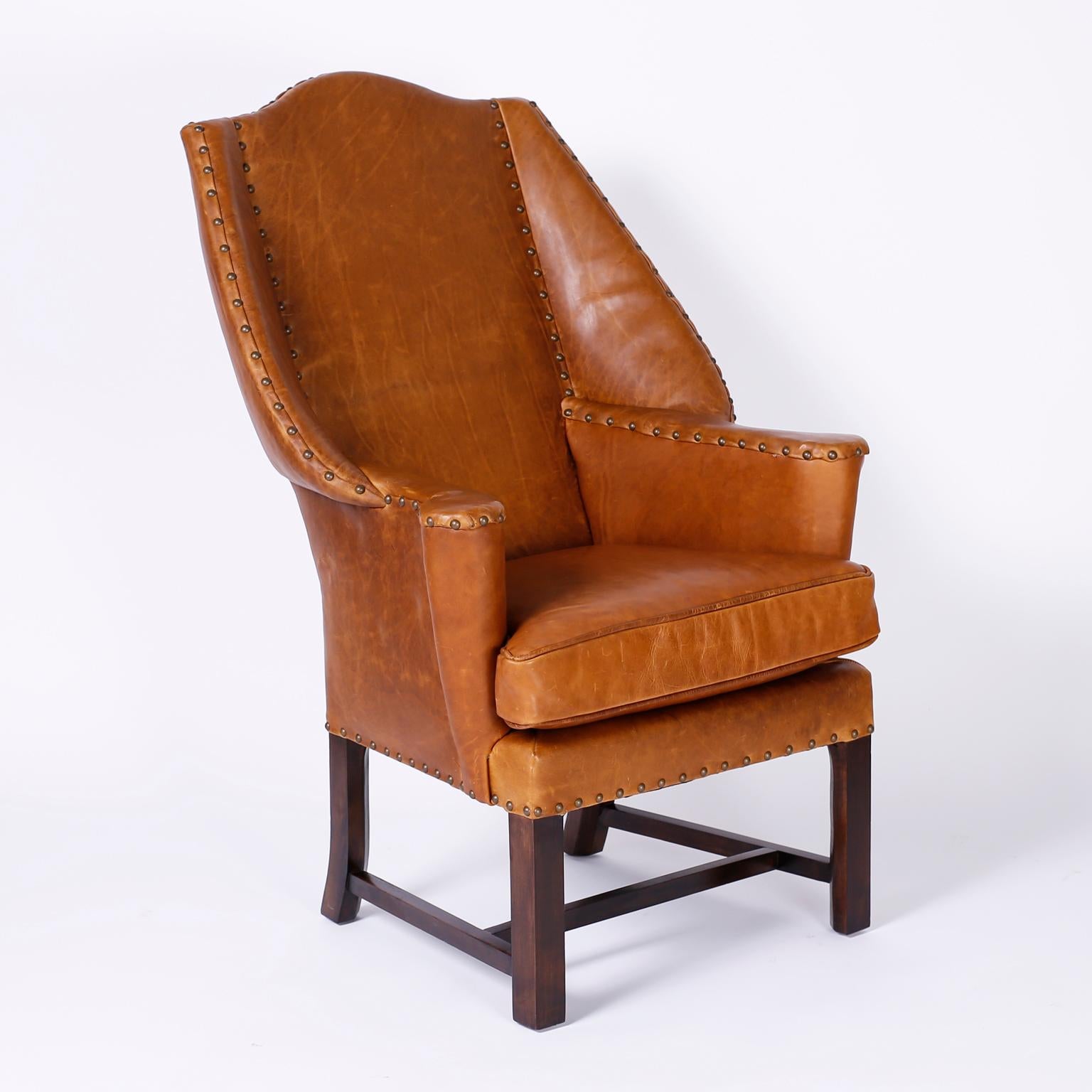 British Colonial Pair of Leather Wingback Armchairs