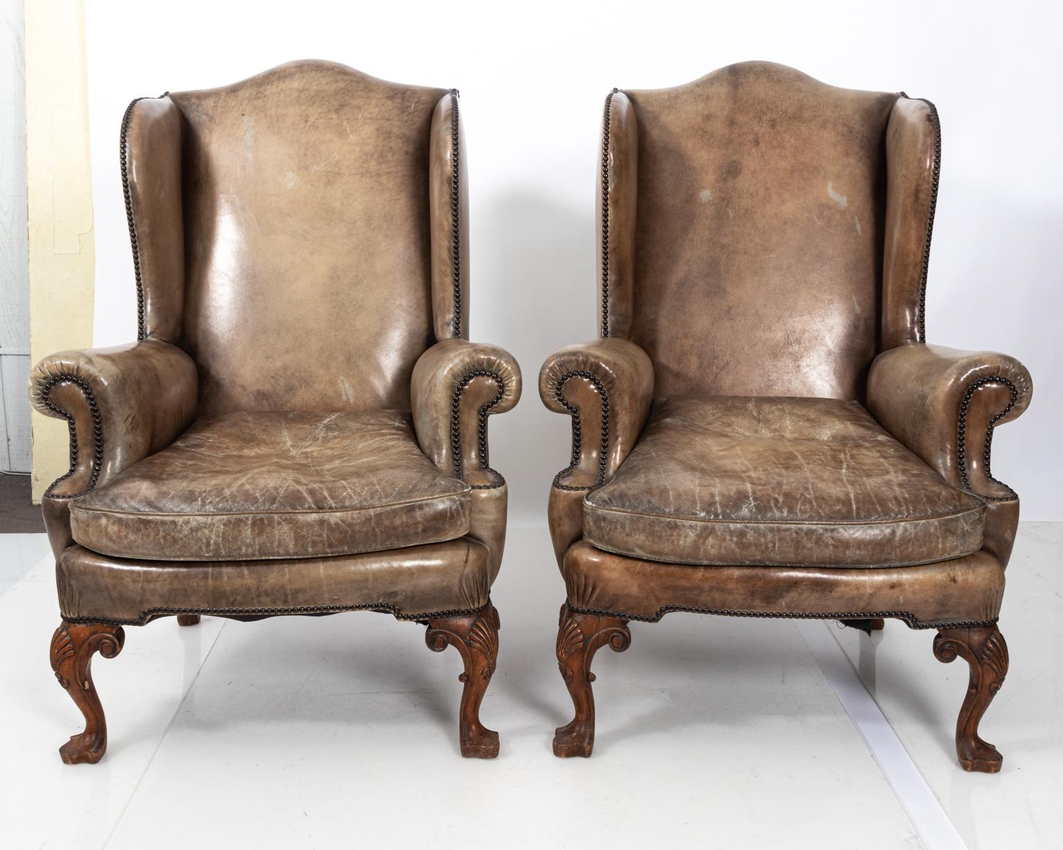 American Pair of Leather Wingback Armchairs