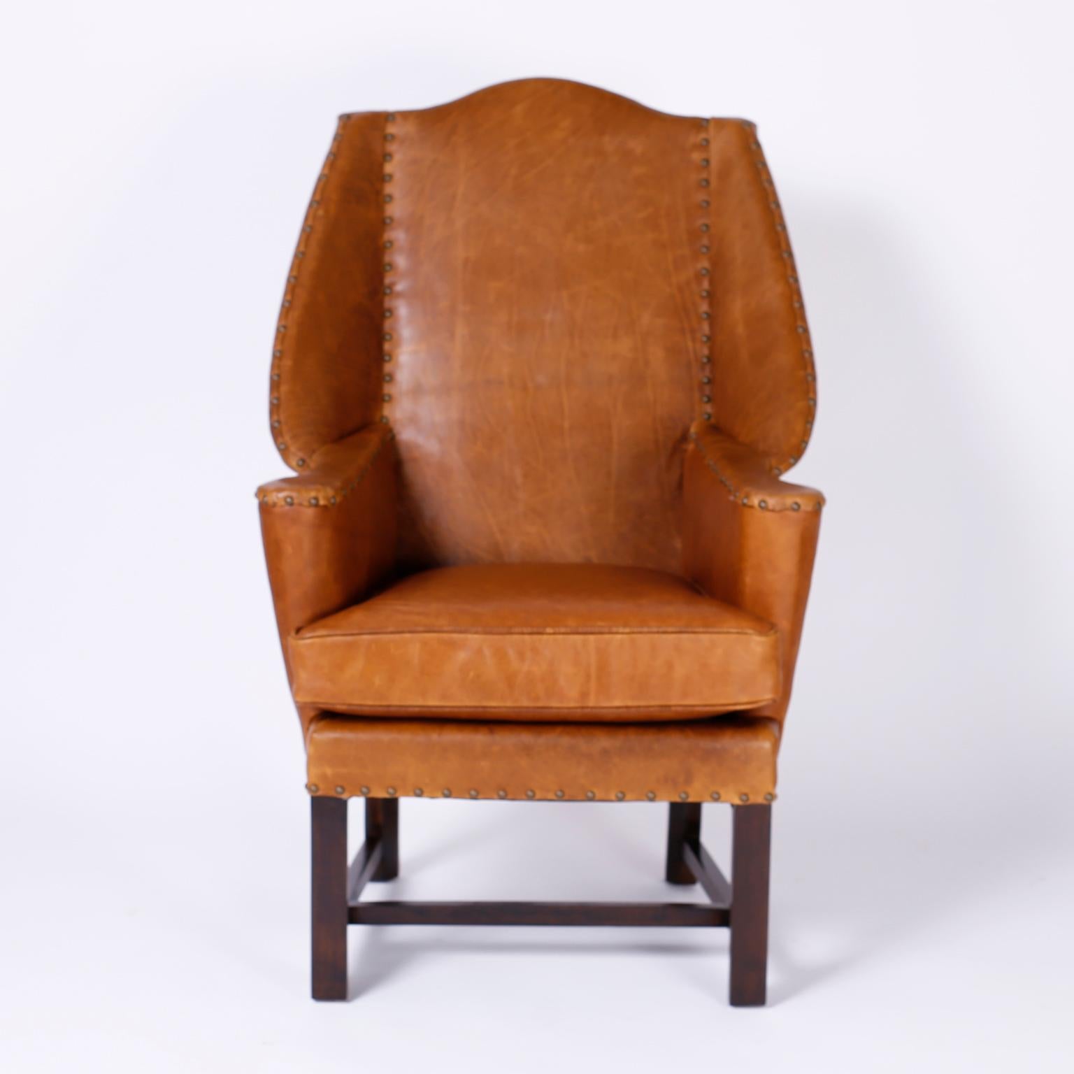 20th Century Pair of Leather Wingback Armchairs
