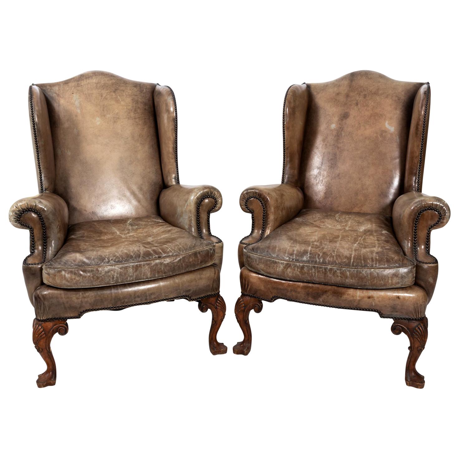 Pair of Leather Wingback Armchairs