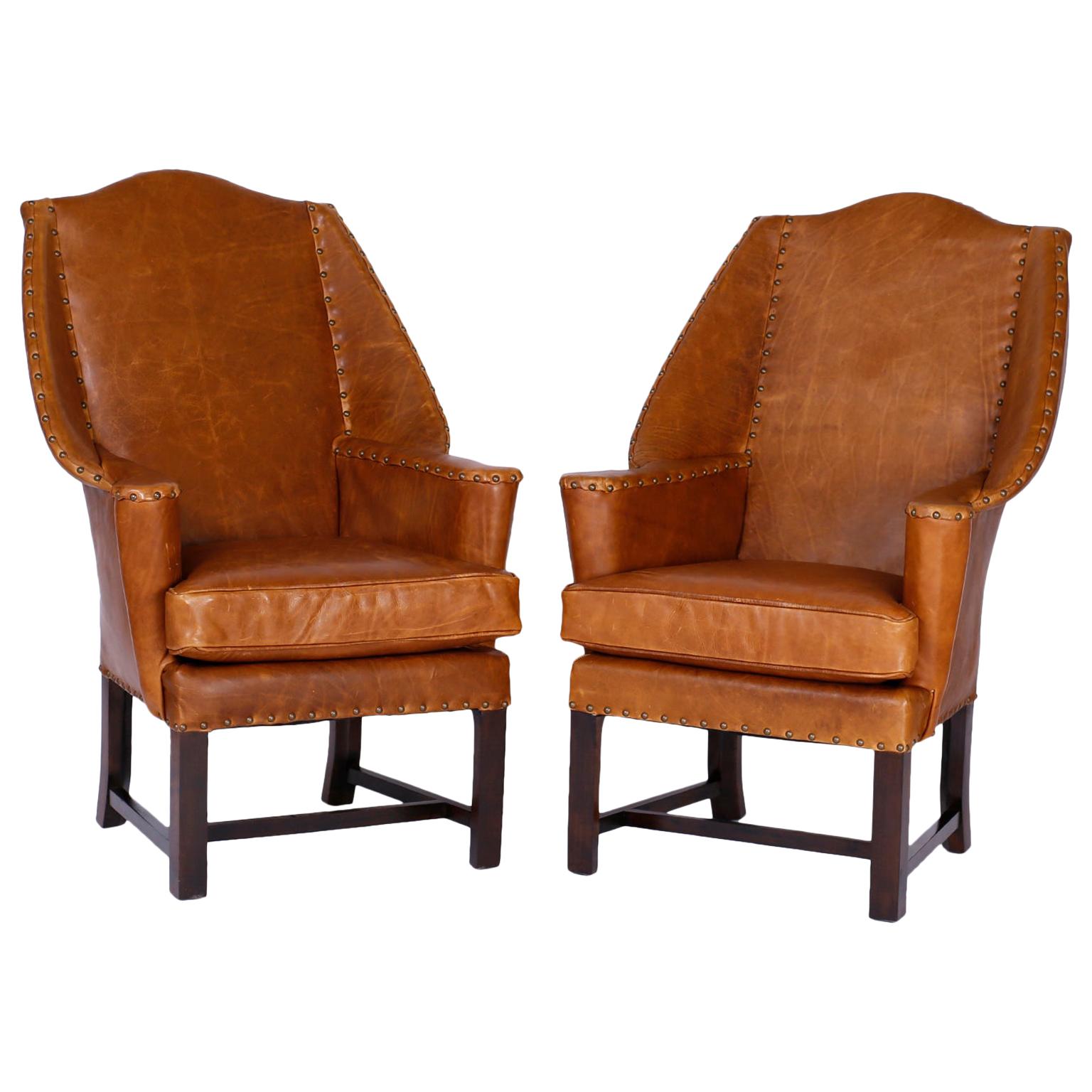 Pair of Leather Wingback Armchairs