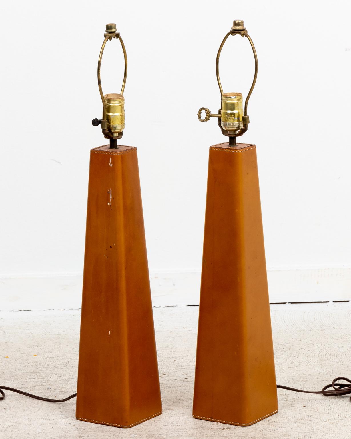 Metal Pair of Leather Wrapped Danish Modern Lamps