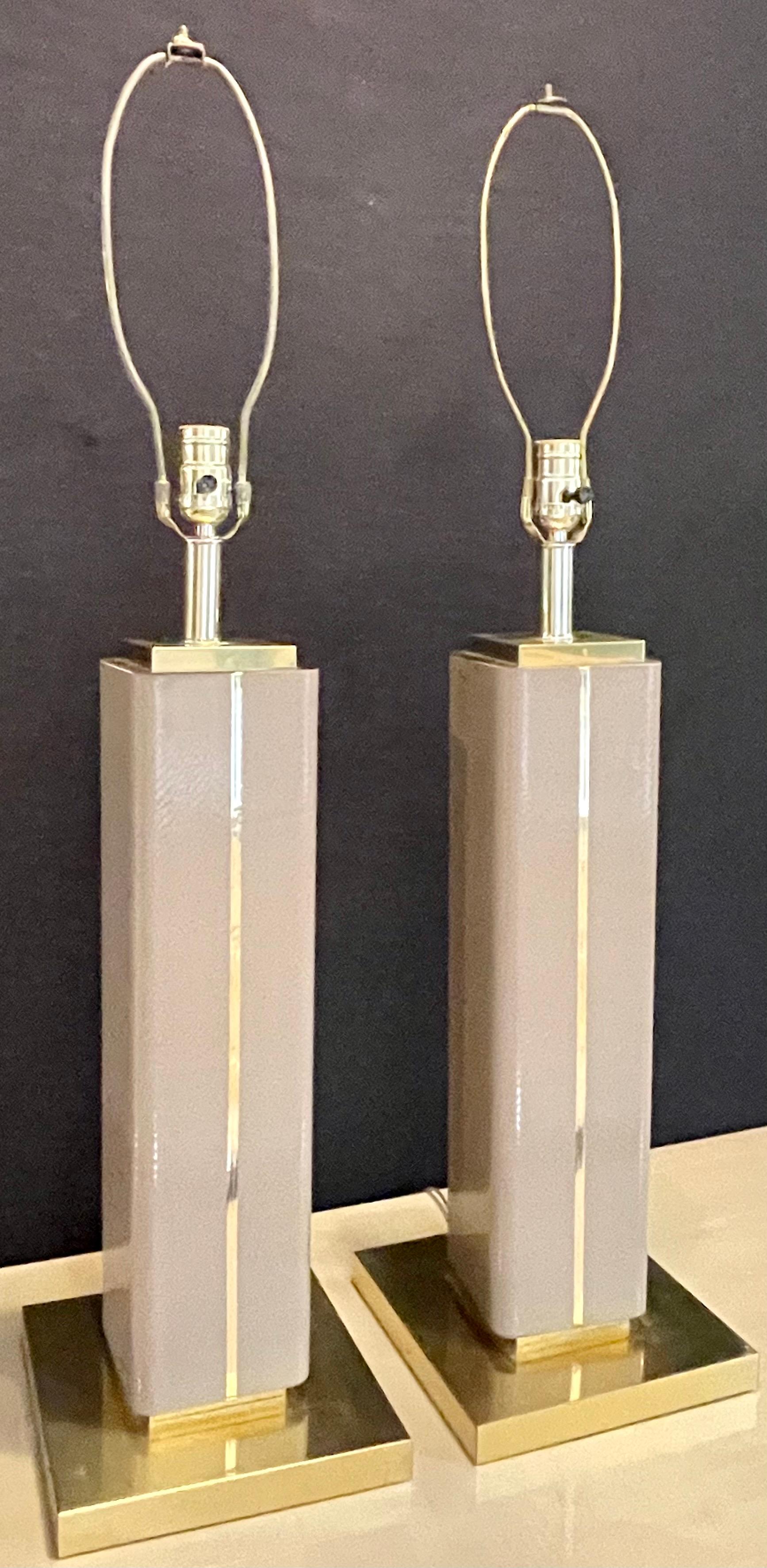Gilt Pair of Leather Wrapped Modern Table Lamps with Custom Shades, Lorin Marsh