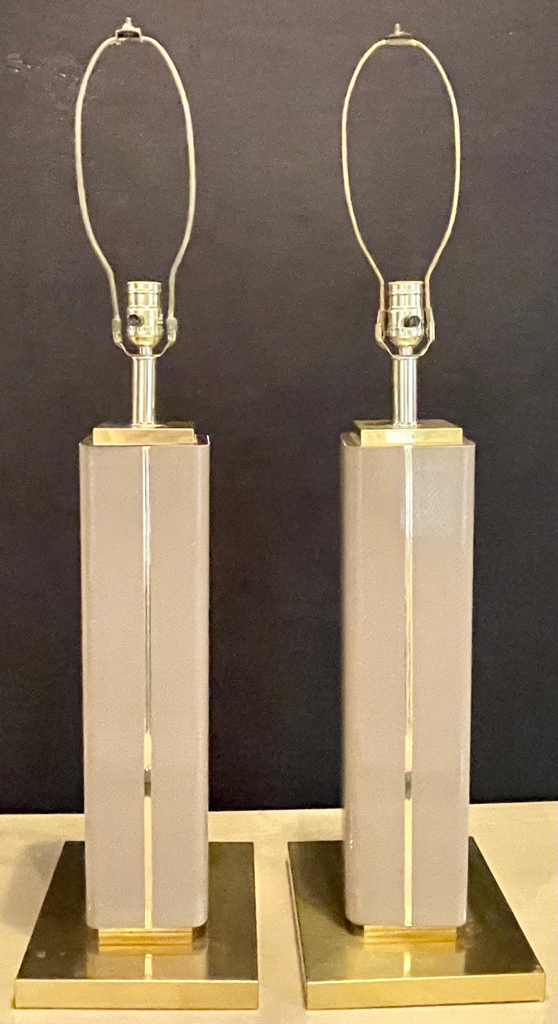Pair of Leather Wrapped Modern Table Lamps with Custom Shades, Lorin Marsh In Good Condition In Stamford, CT