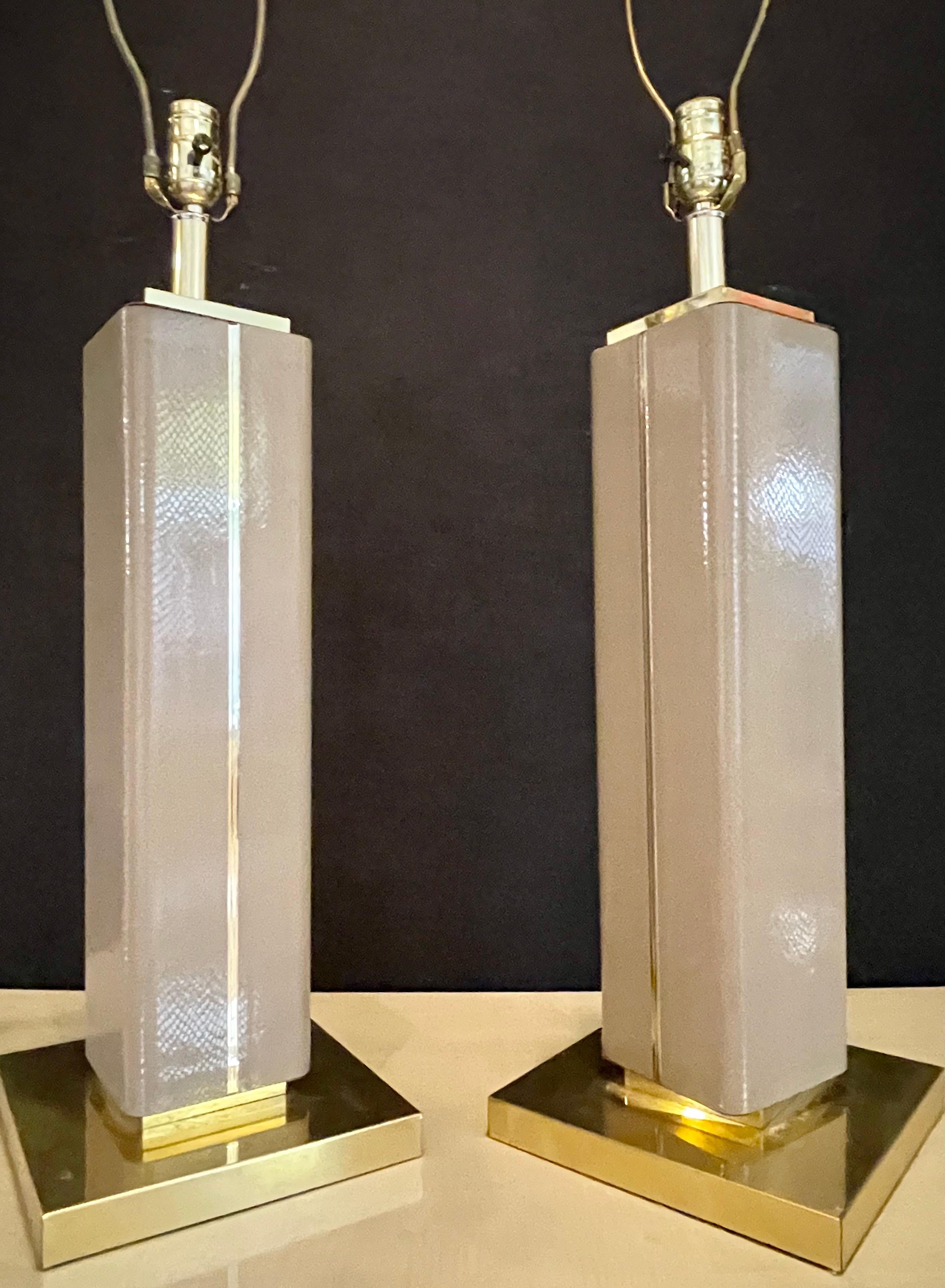 Late 20th Century Pair of Leather Wrapped Modern Table Lamps with Custom Shades, Lorin Marsh