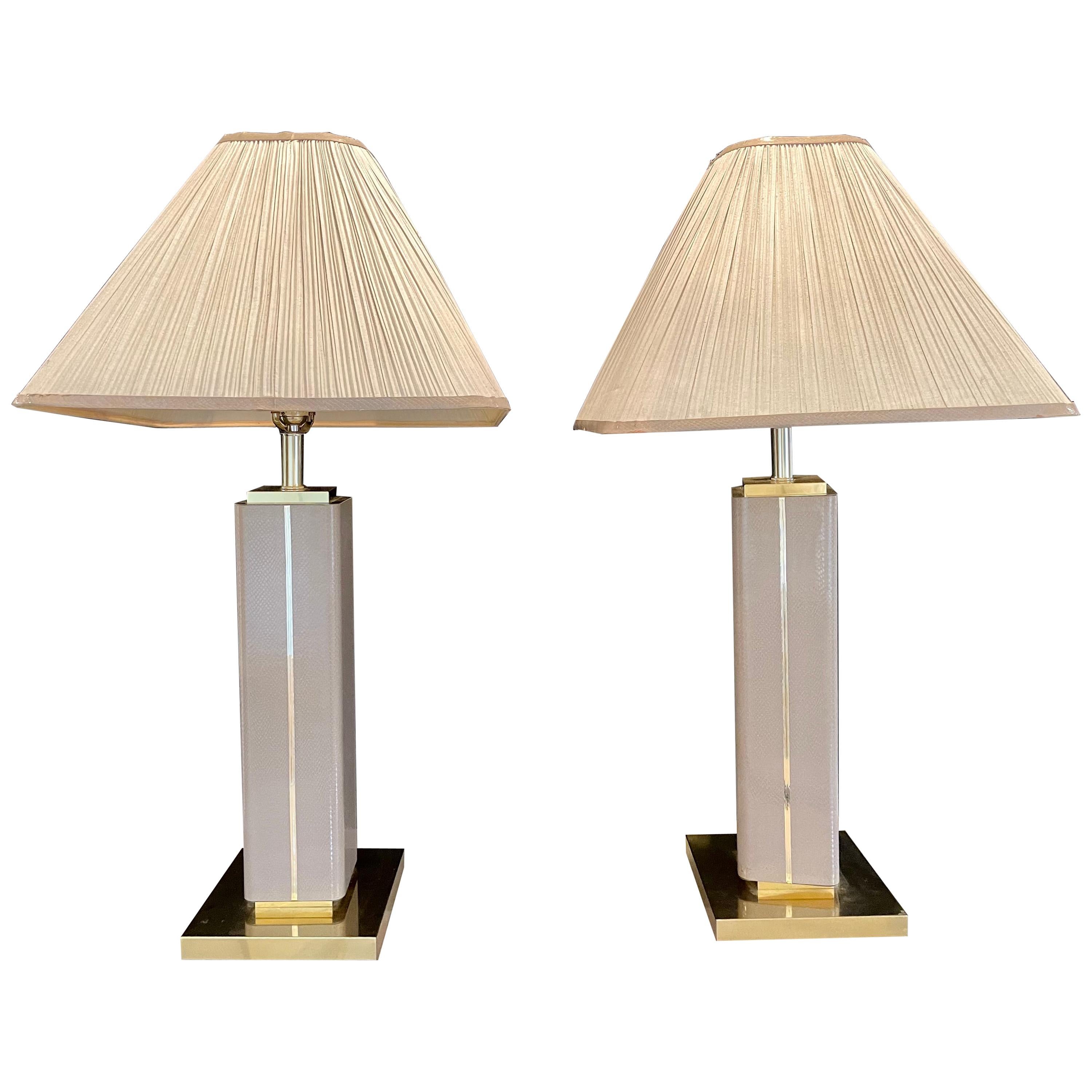 Pair of Leather Wrapped Modern Table Lamps with Custom Shades, Lorin Marsh