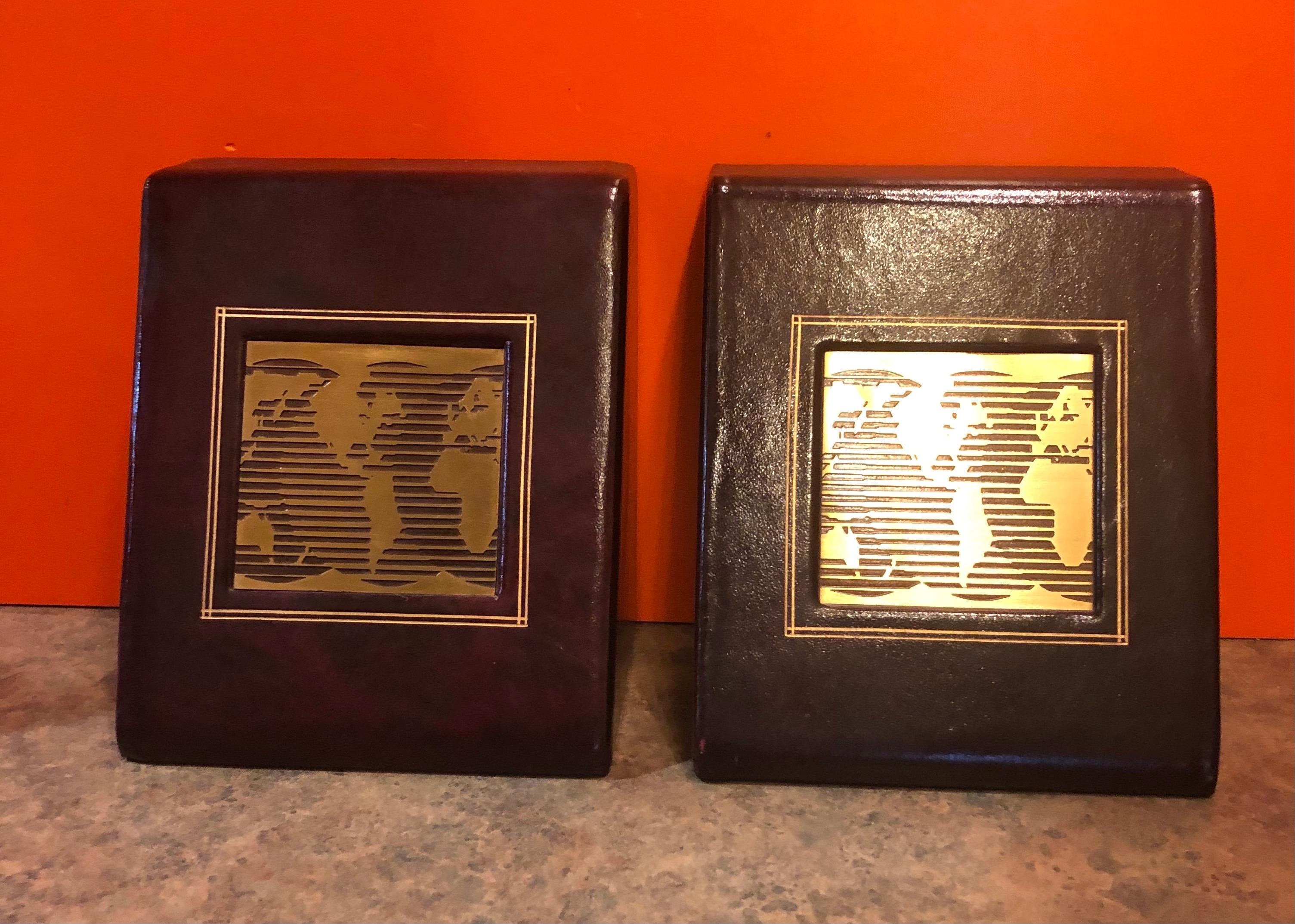 Pair of Leather Wrapped World Map Bookends 3