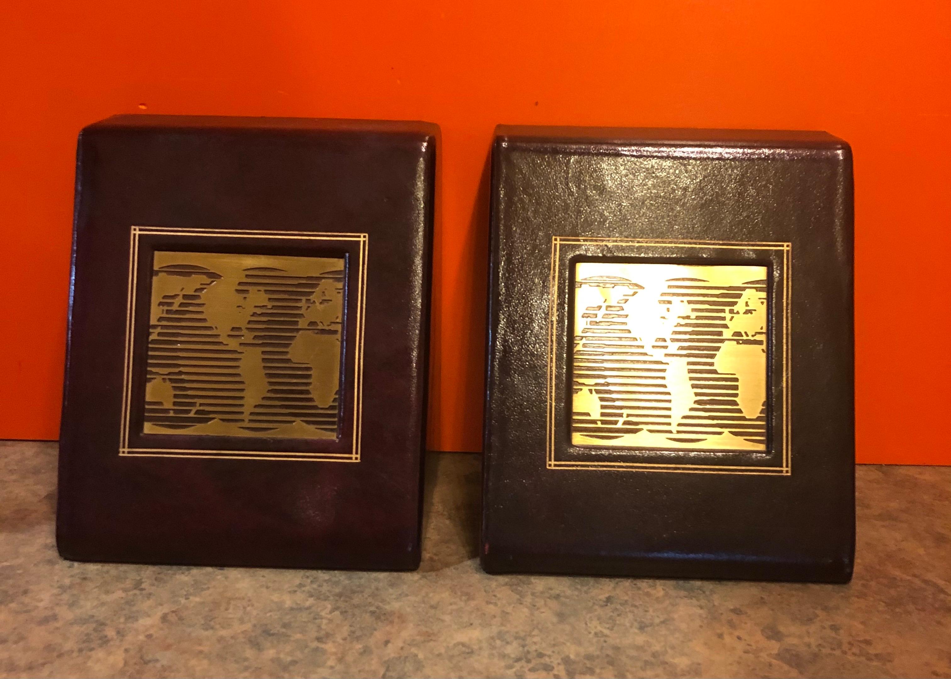 Mid-Century Modern Pair of Leather Wrapped World Map Bookends
