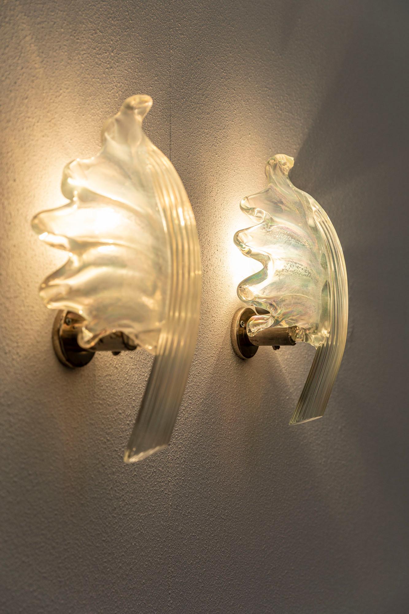 Glass Pair of Leaves Barovier Sconces