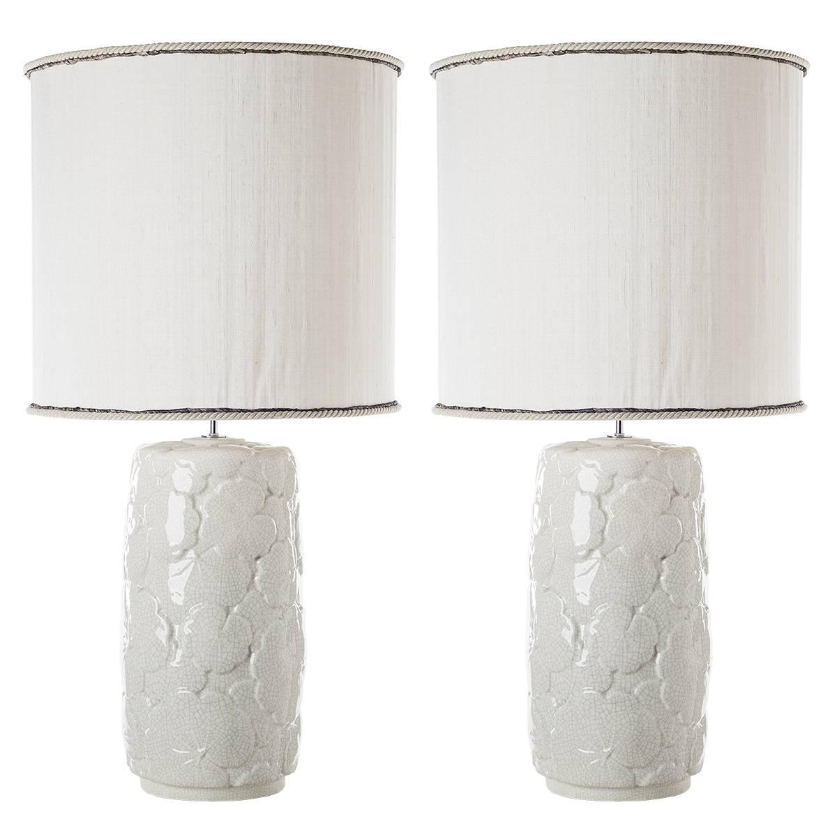 Pair of Leaves Ceramic Table Lamps For Sale