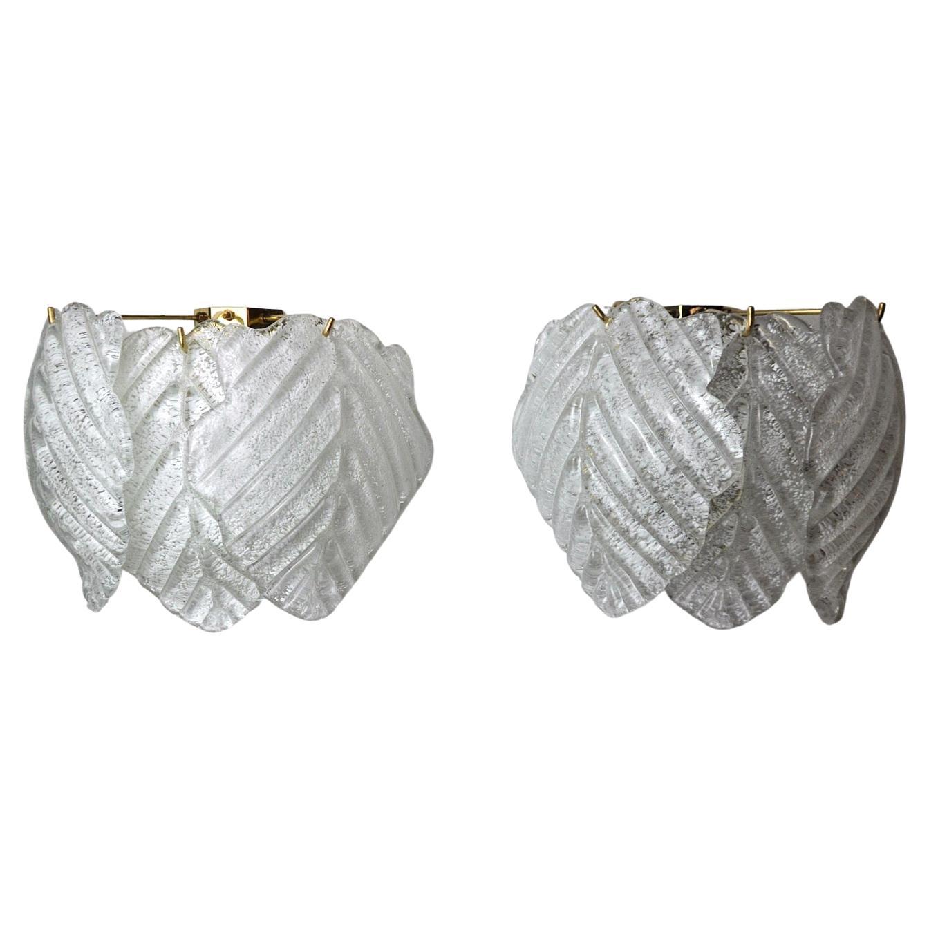 Pair of "Leaves" Sconces by Murano Mazzega, Frosted Glass, Italy, 1970