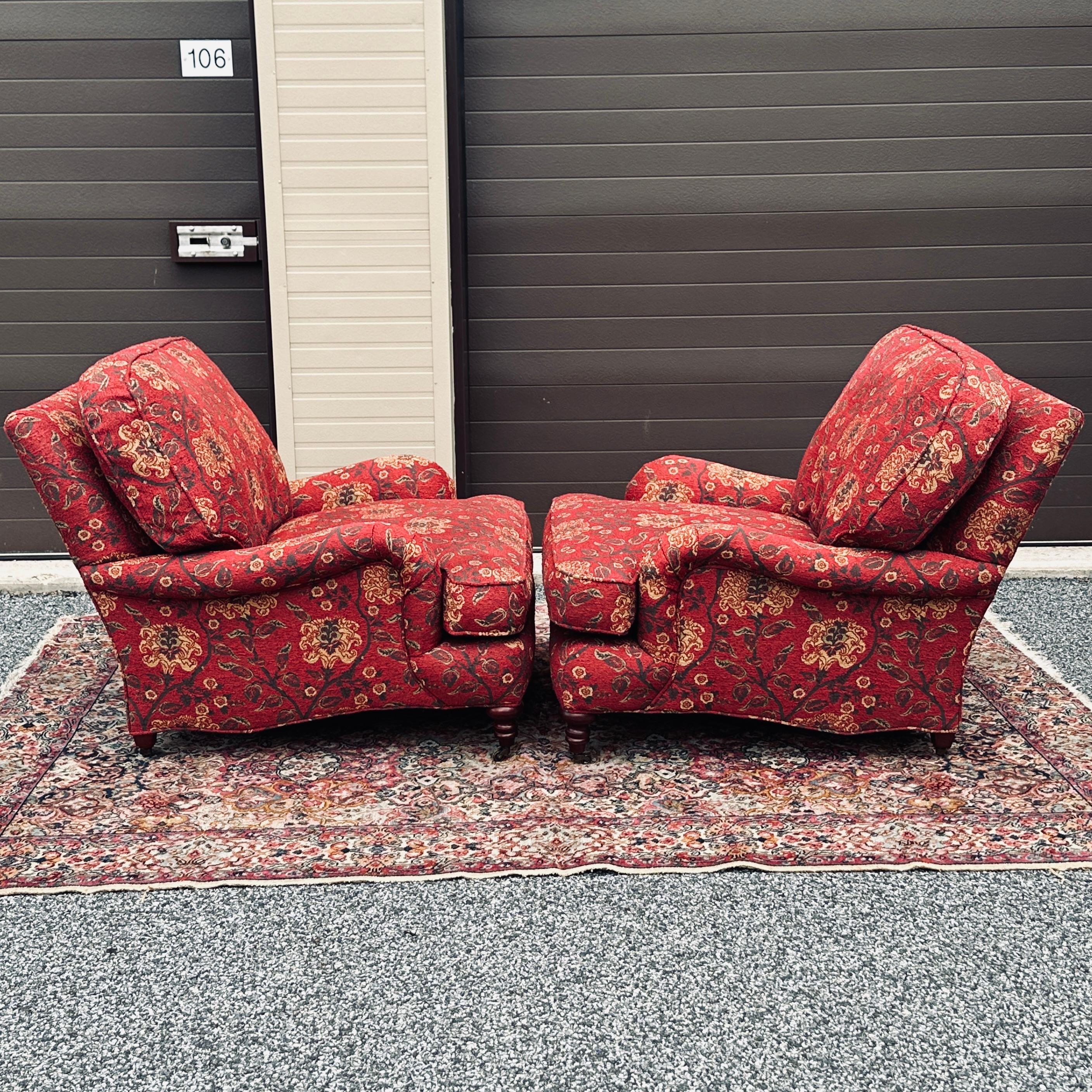 Victorian Pair of Lee Industries English Roll Arm Lounge Chairs on Casters