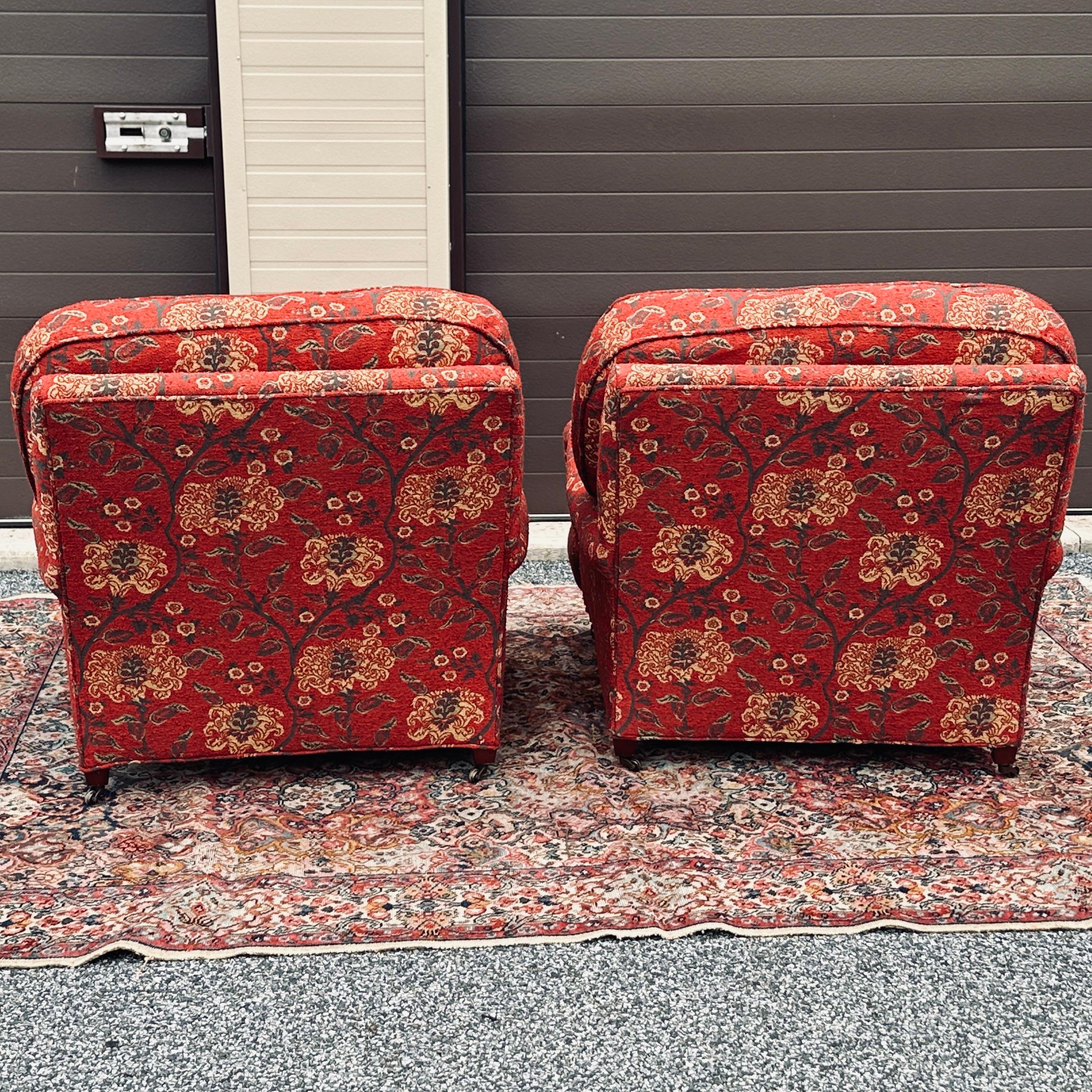 American Pair of Lee Industries English Roll Arm Lounge Chairs on Casters