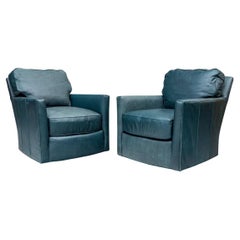 Pair Of Lee Industries Green Leather Swivel Lounge Chairs