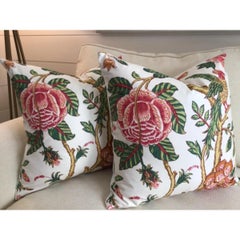 Pair of Lee Jofa Jacobean in Red, Green, Gold 22” Down Filled Pillows