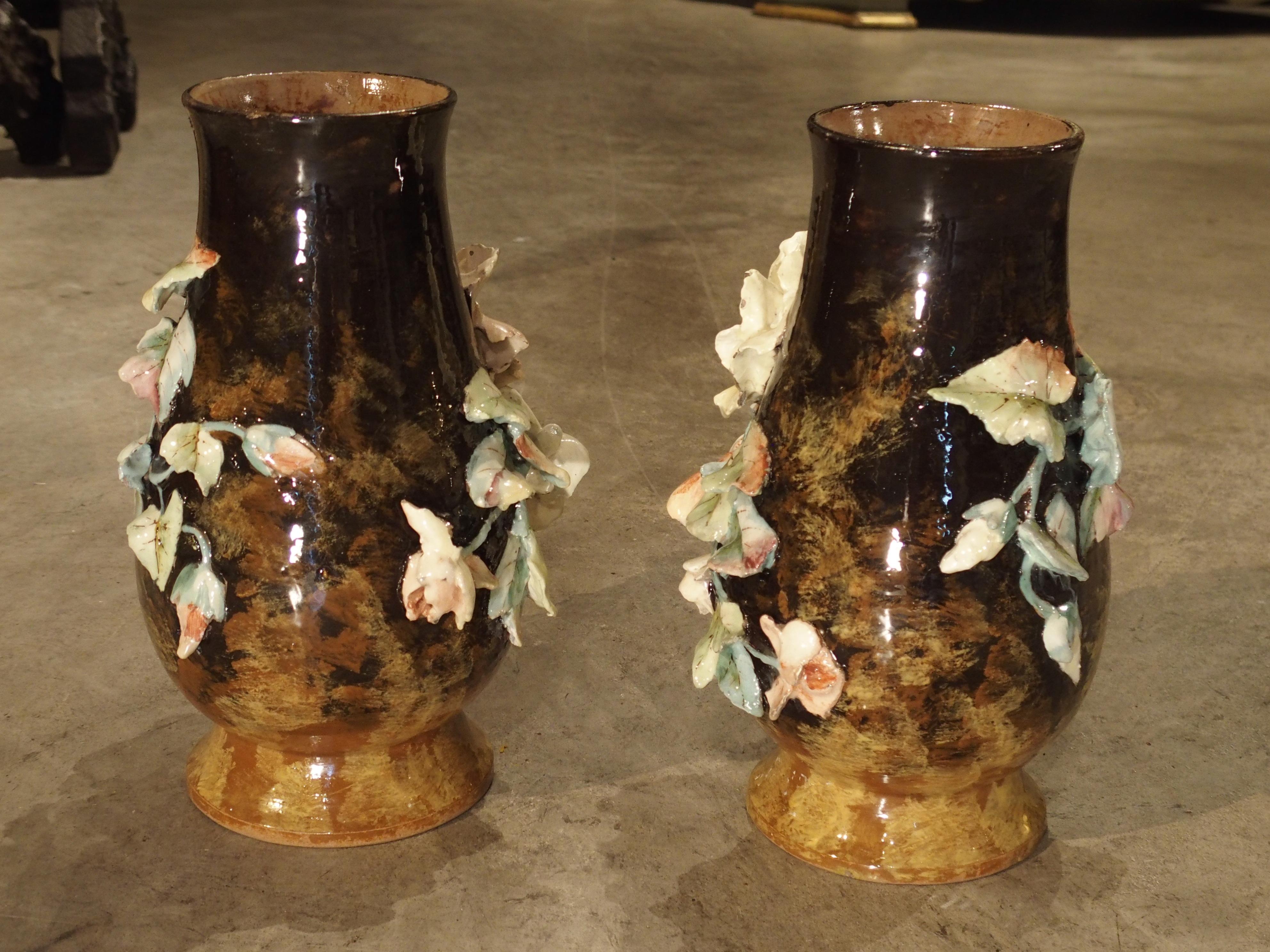 French Pair of Lefront Gros Relief Barbotine Vases from France, Late 19th Century