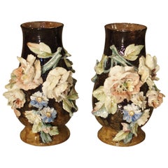 Pair of Lefront Gros Relief Barbotine Vases from France, Late 19th Century