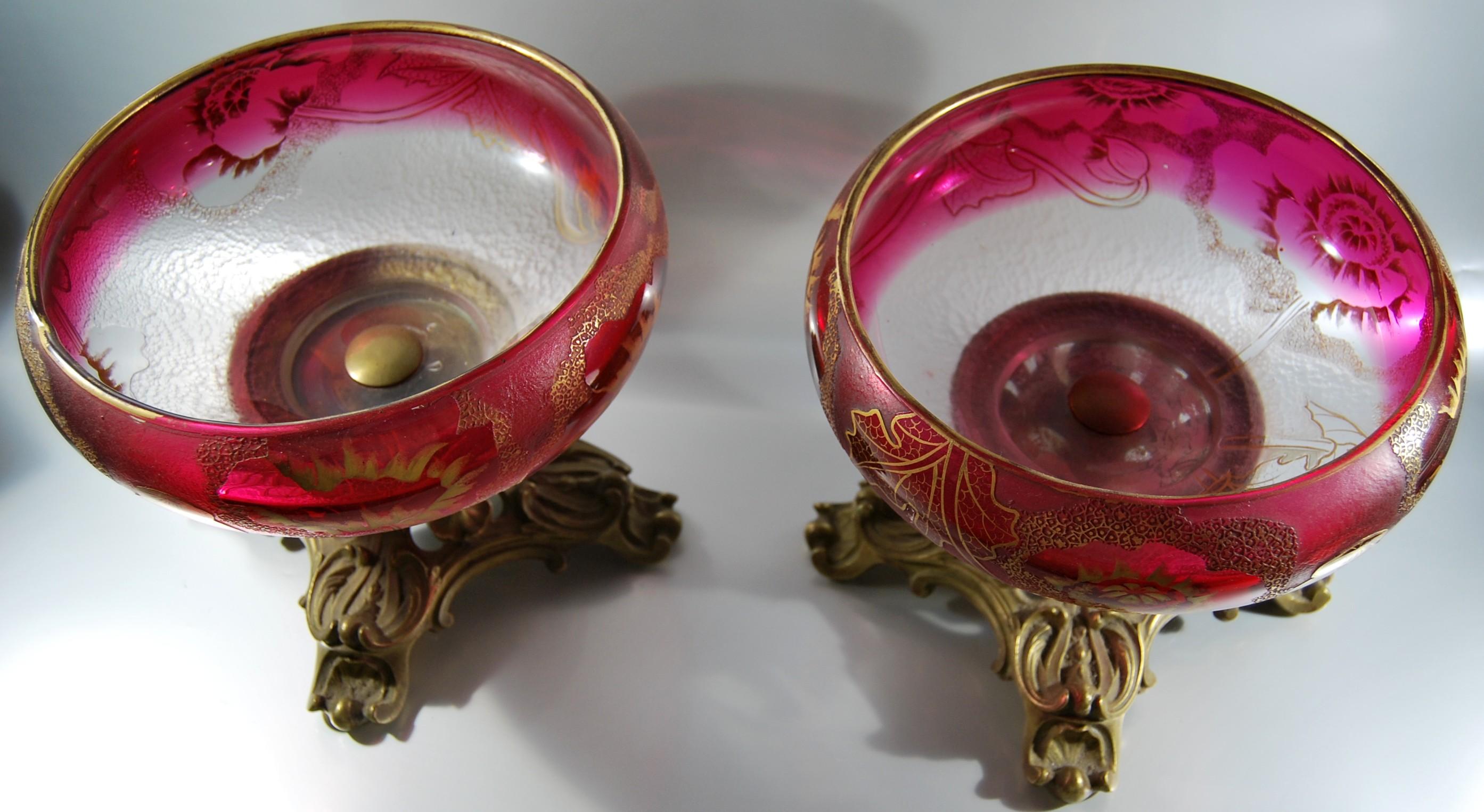 French Pair of Legras Poppy Cups in Acid-Etched Crystal and Bronze For Sale