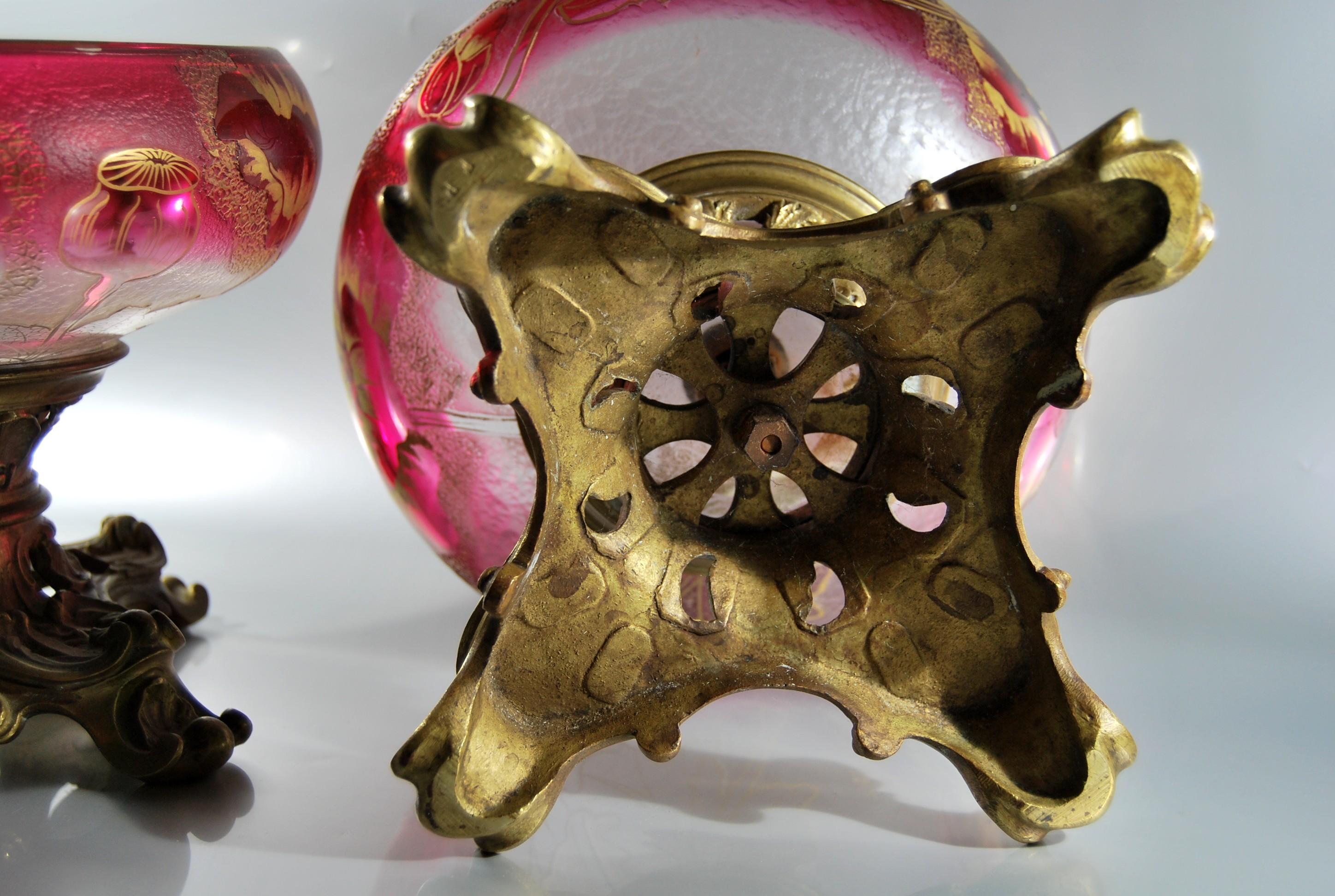 Doré Paire de tasses coquelicot Legras en cristal gravé à l'acide et bronze en vente