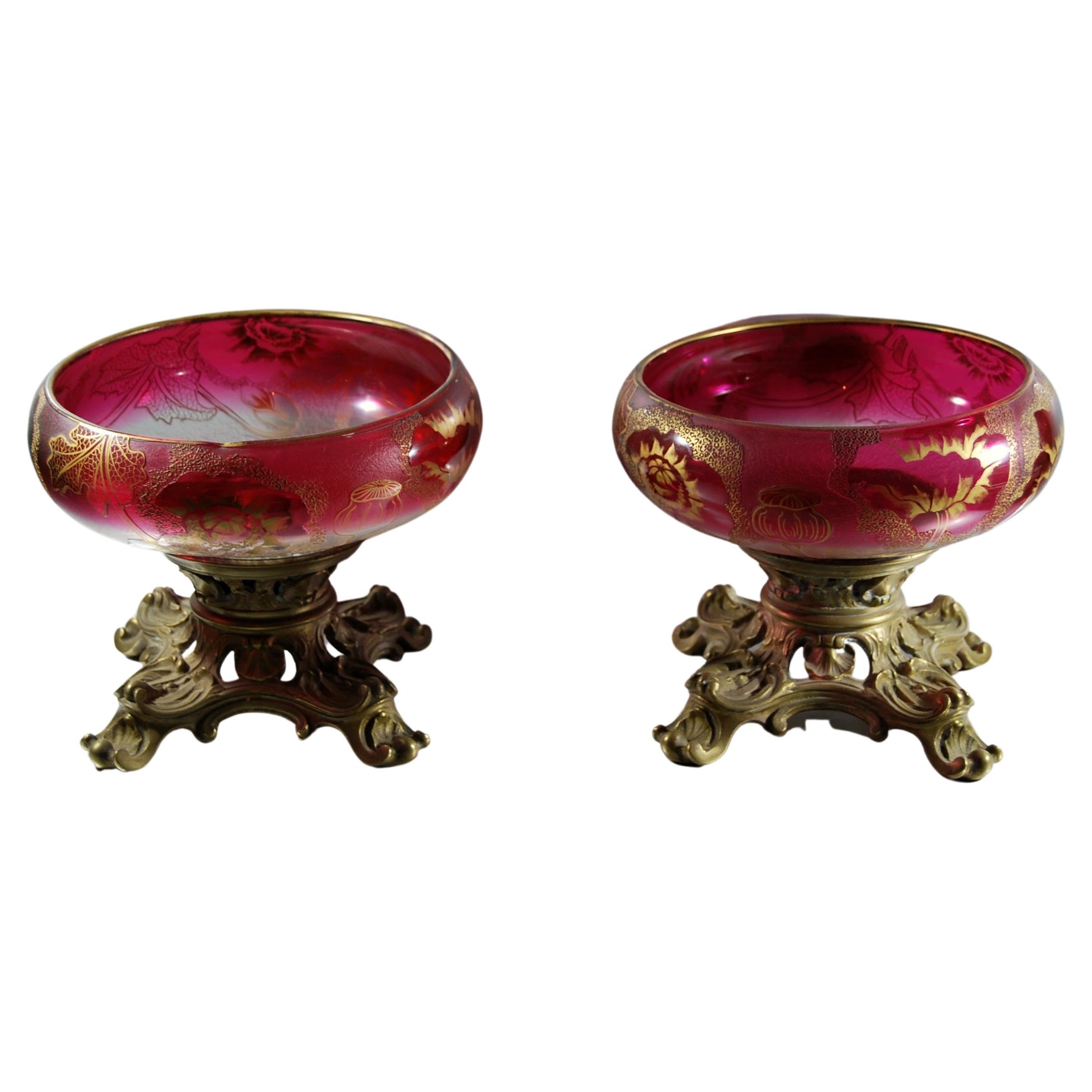 Pair of Legras Poppy Cups in Acid-Etched Crystal and Bronze For Sale
