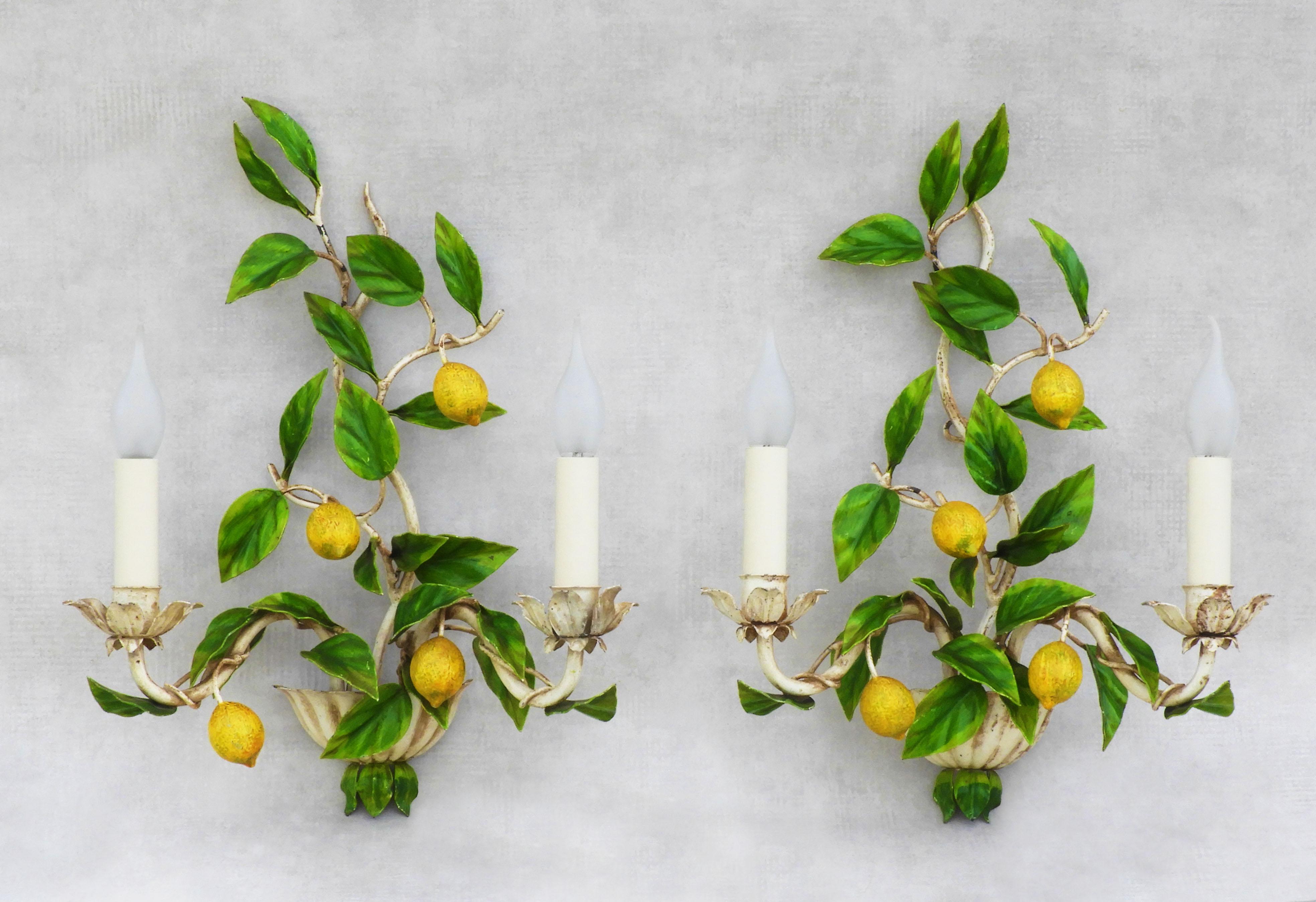 French Pair of Lemon Tree Wall Light Sconces by Maison Honoré C1960