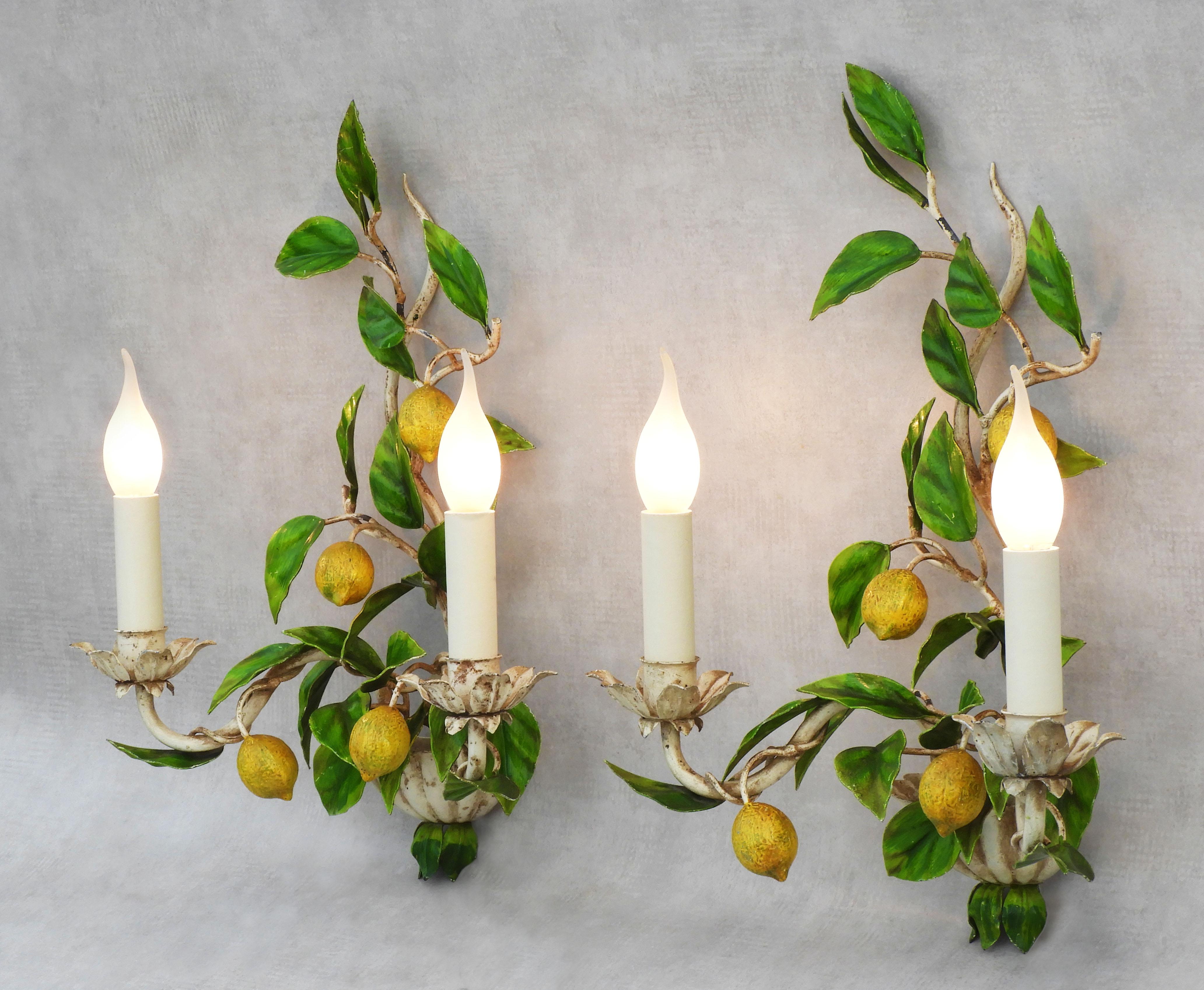 Hand-Painted Pair of Lemon Tree Wall Light Sconces by Maison Honoré C1960