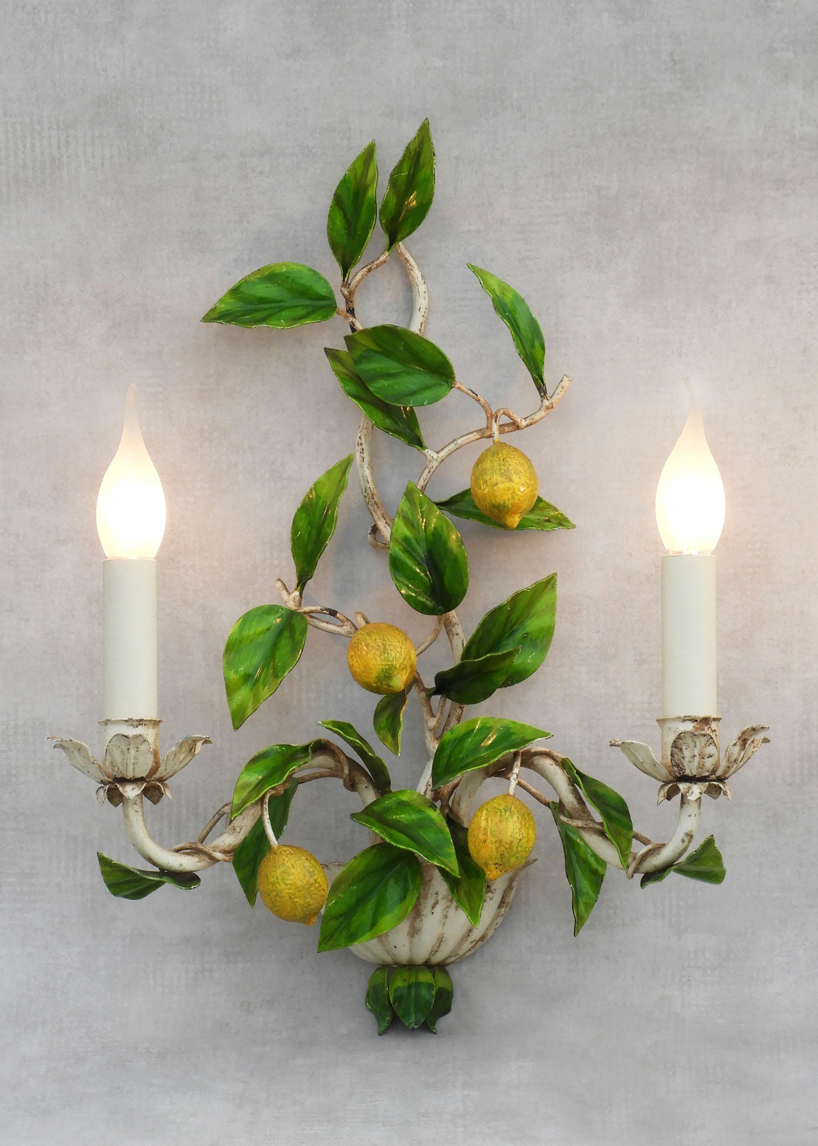 Enamel Pair of Lemon Tree Wall Light Sconces by Maison Honoré C1960
