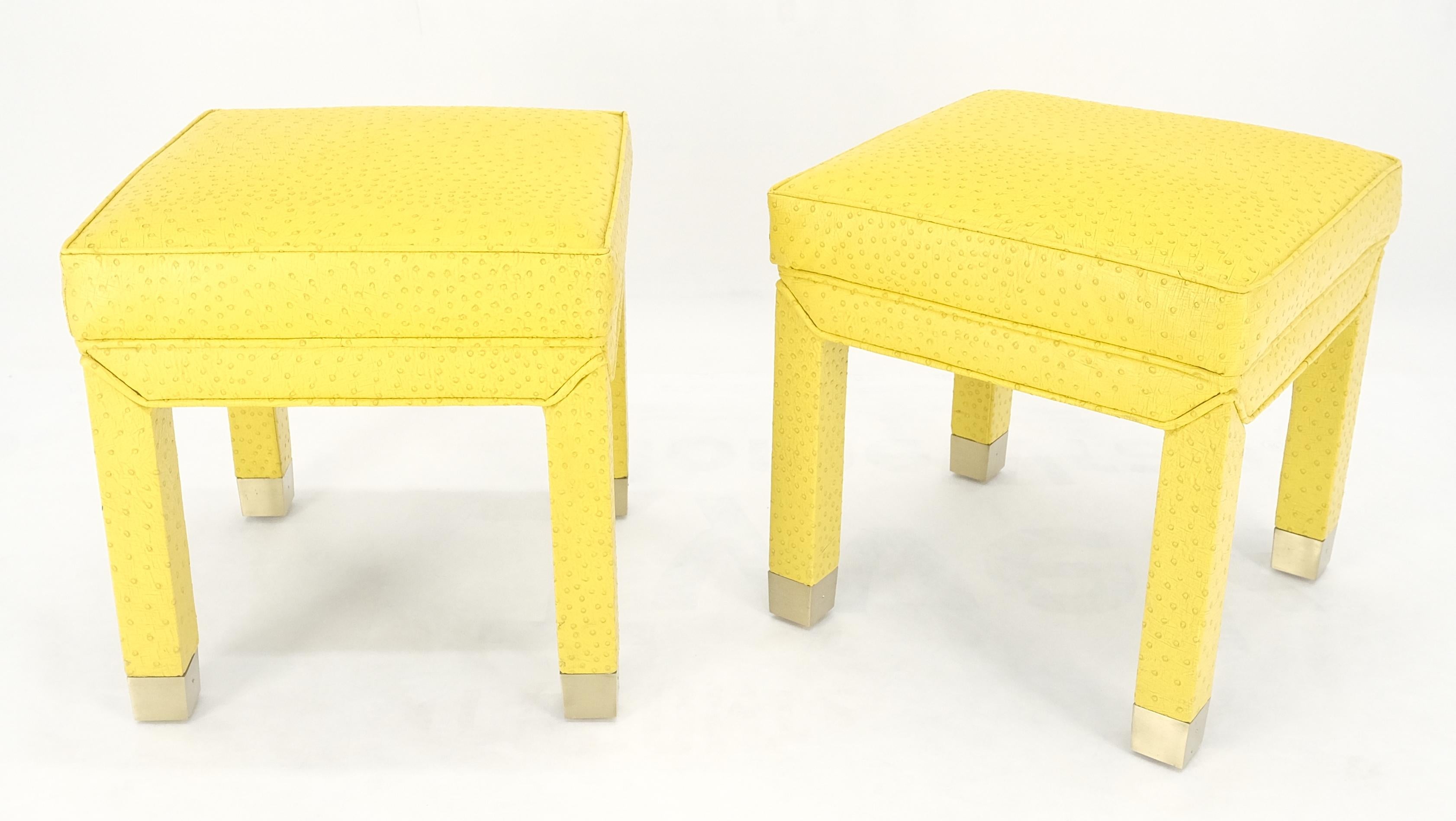 Mid-Century Modern Paire de bancs de hall de fenêtre carrés MINT! en cuir de fausse peau d'autruche jaune citron en vente