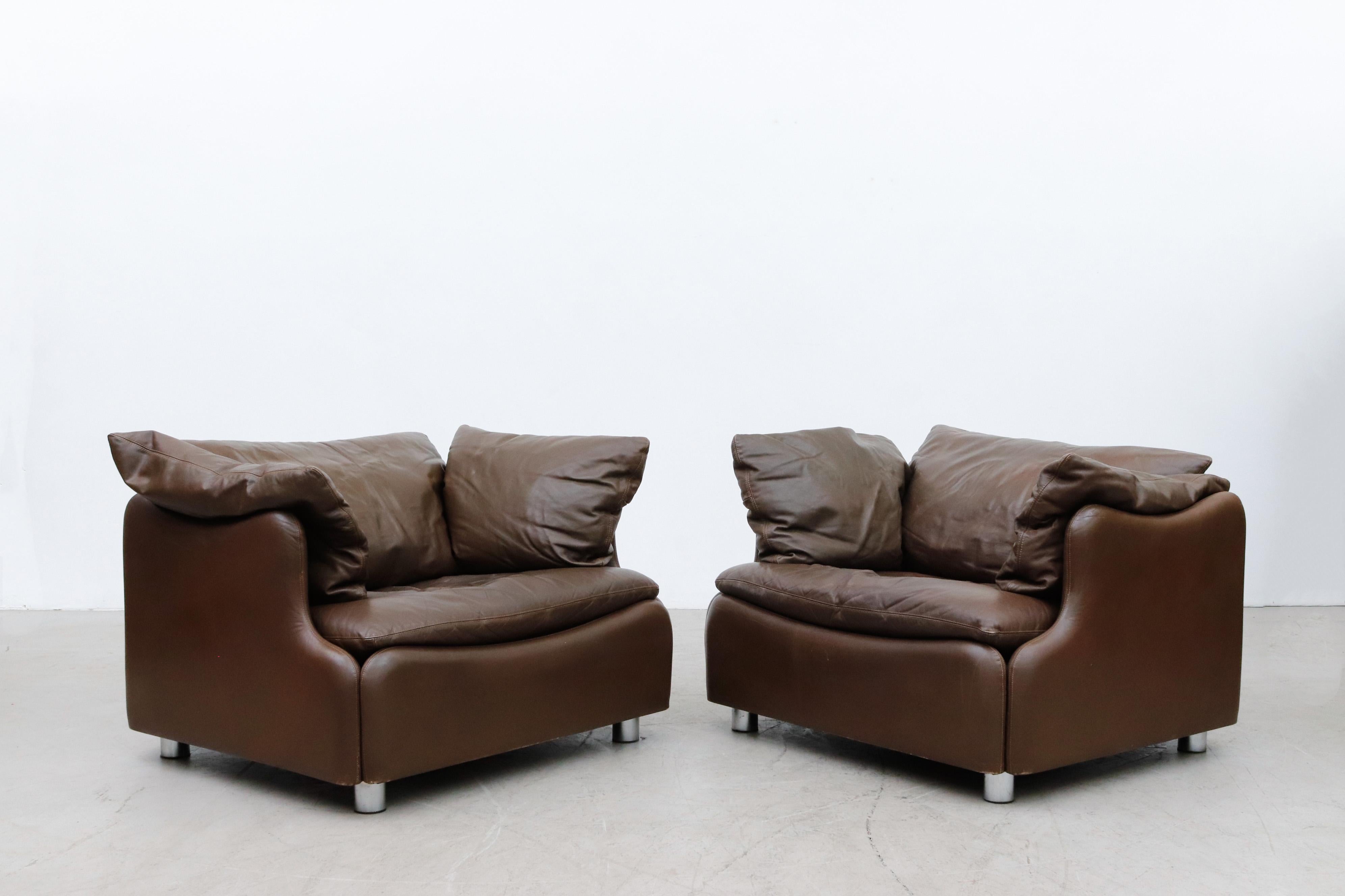 Dutch Pair of Leolux Wave Frame Lounge Chairs in Brown Leather