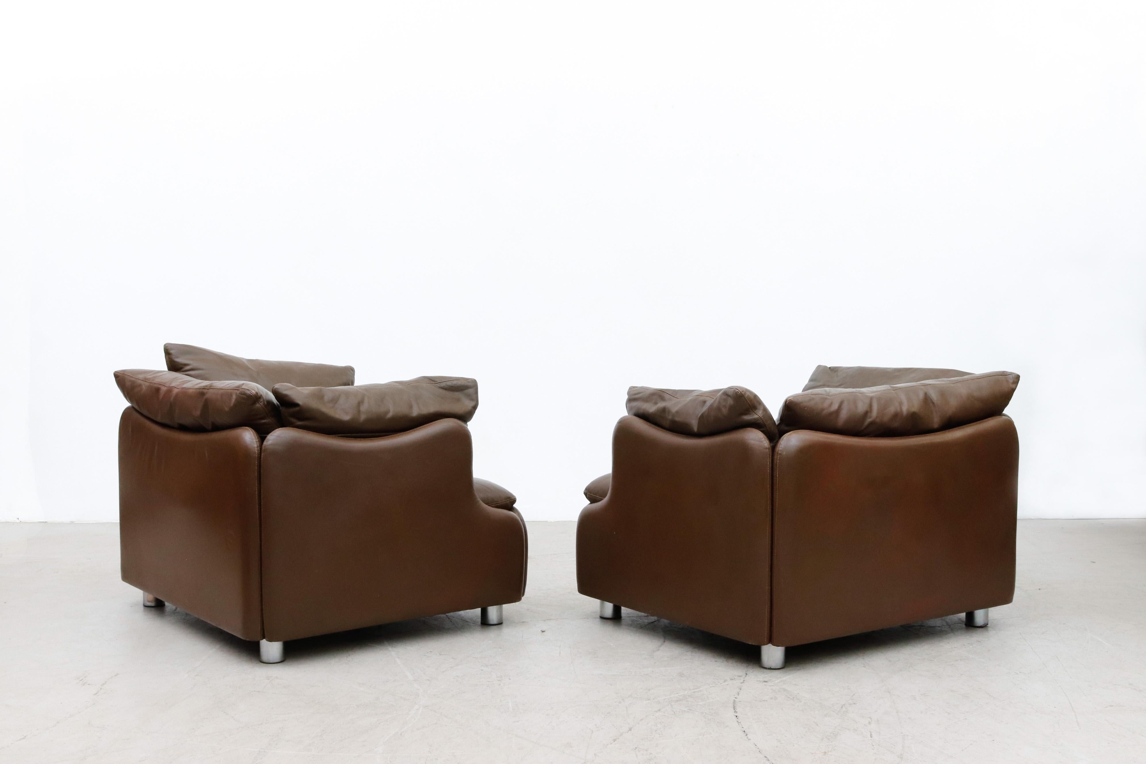 Late 20th Century Pair of Leolux Wave Frame Lounge Chairs in Brown Leather