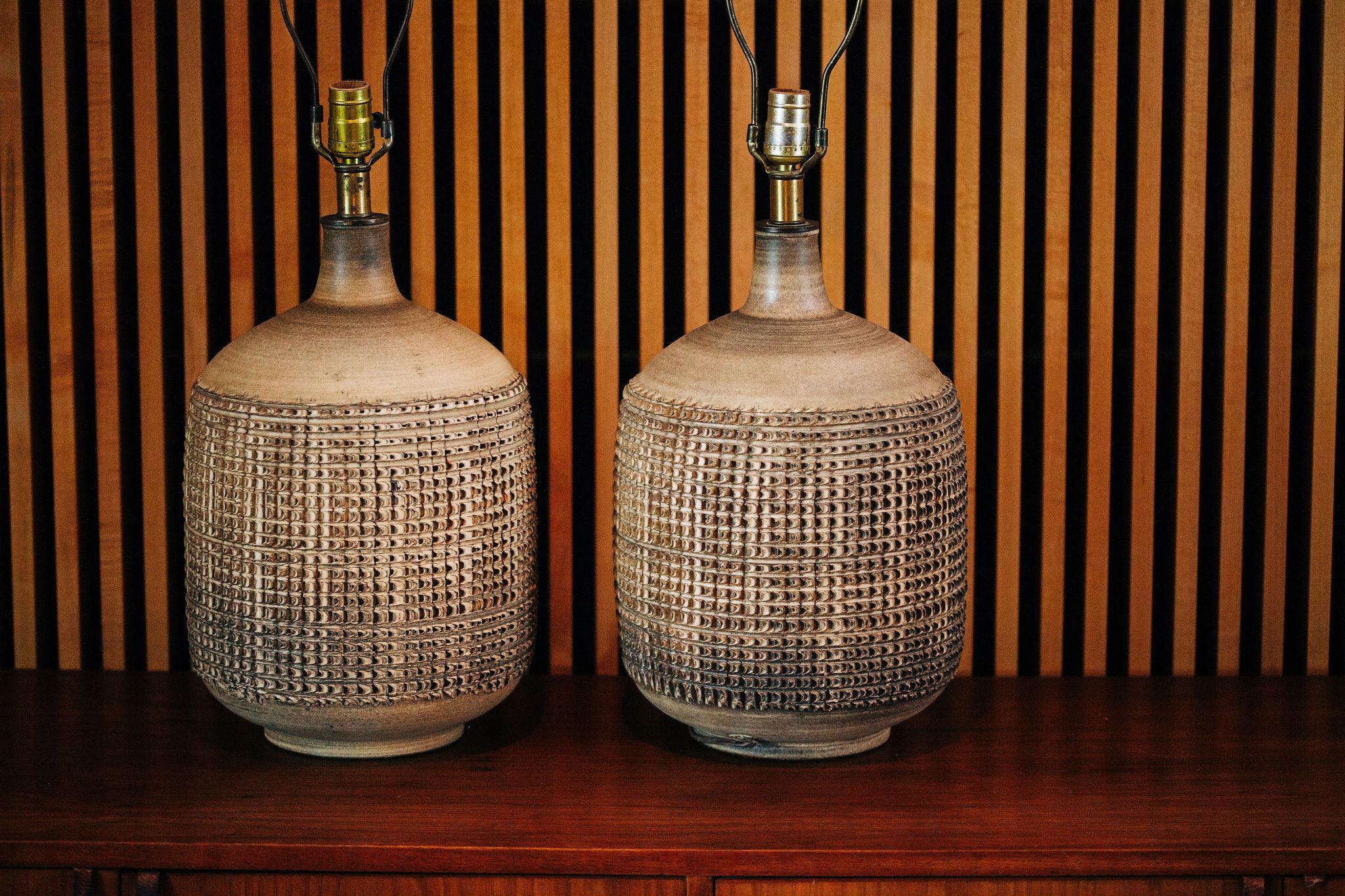 Pair of Leon Rosen for Design Technics Textured Ceramic Lamps 5