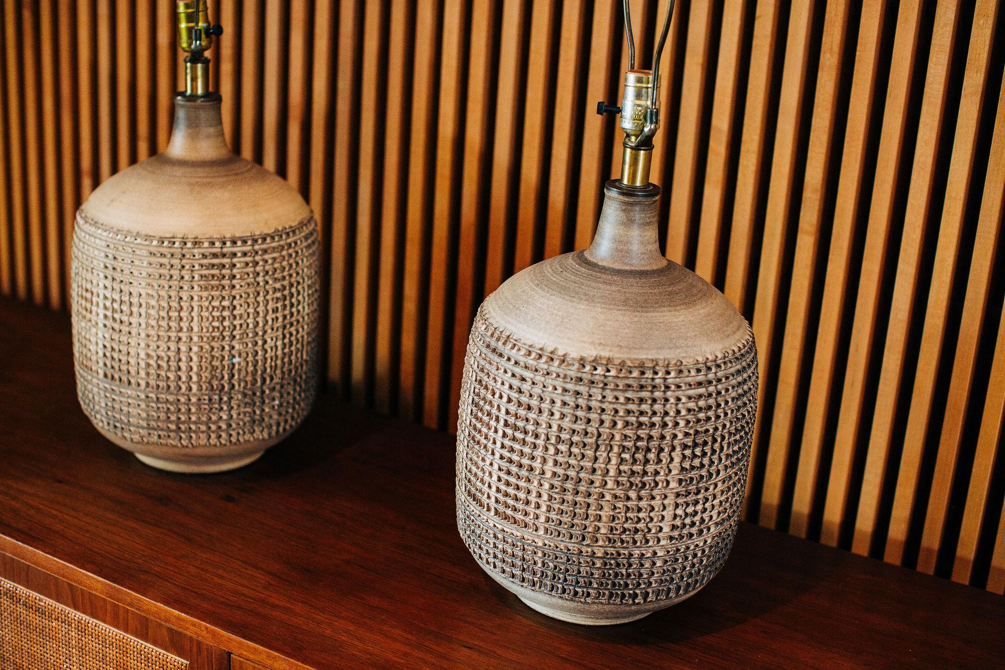 Mid-Century Modern Pair of Leon Rosen for Design Technics Textured Ceramic Lamps