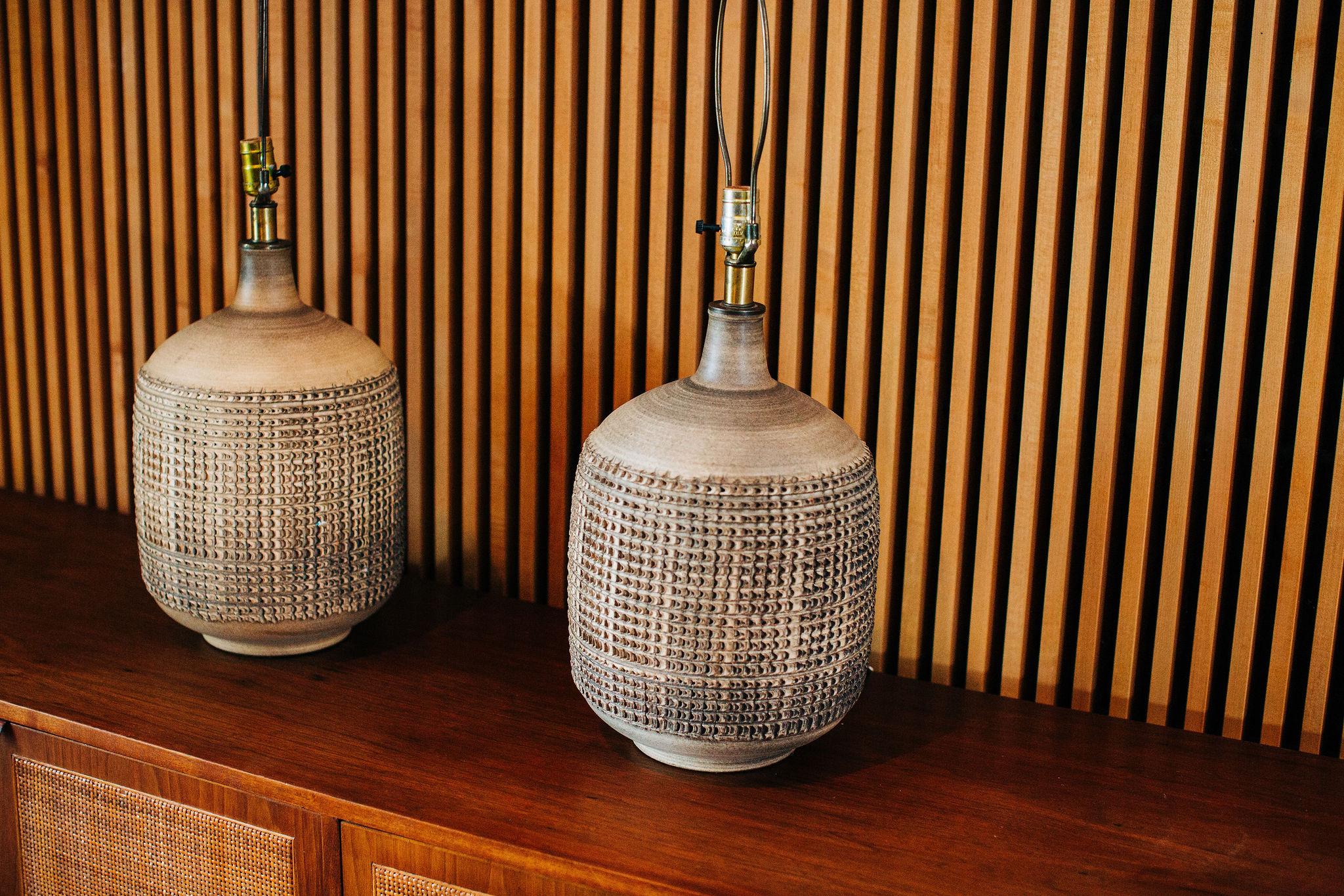 American Pair of Leon Rosen for Design Technics Textured Ceramic Lamps
