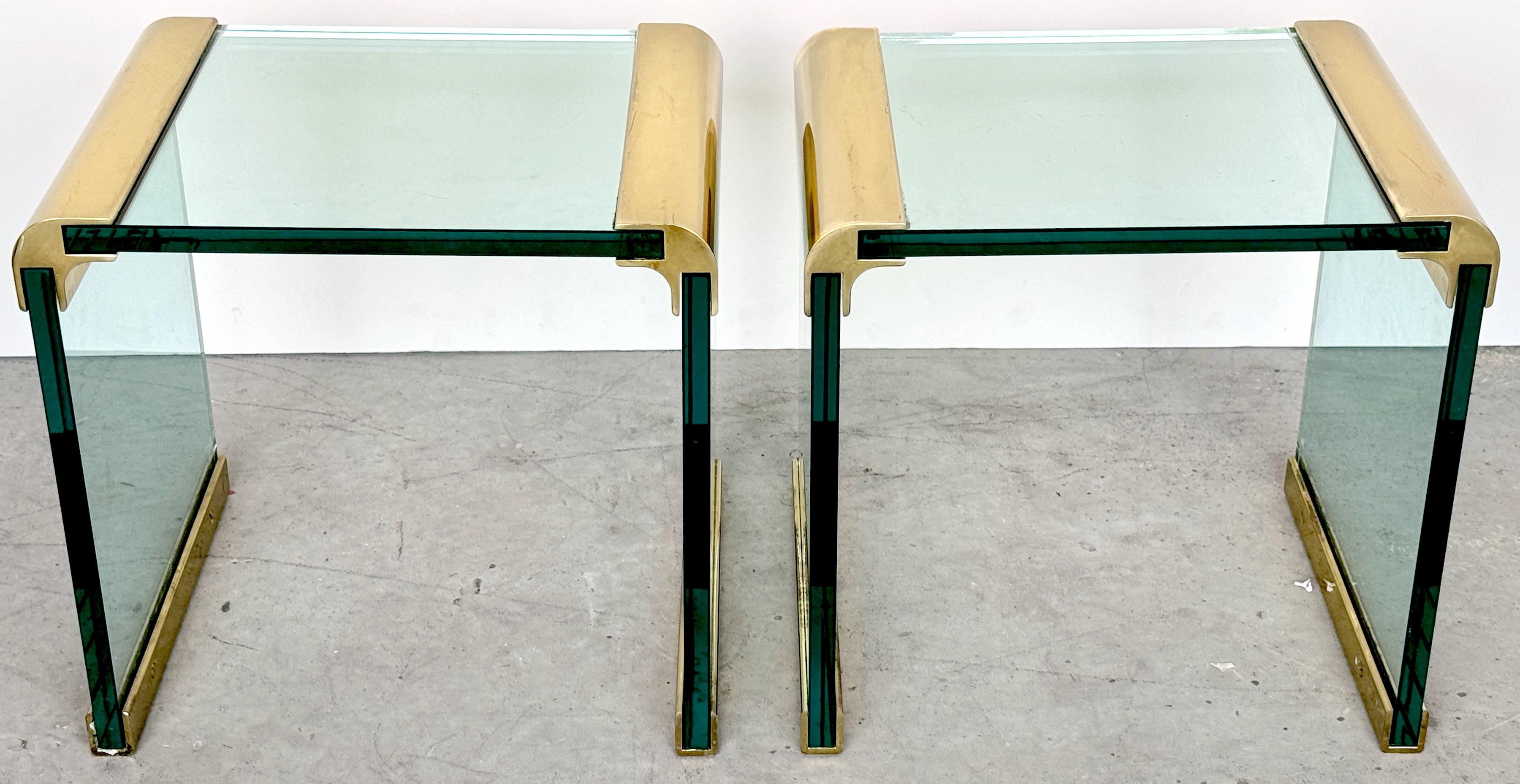 Pair of Leon Rosen for Pace Brass Mounted Cube Side/Drinks Tables
USA, circa 1970s

A rare find is a pair of Leon Rosen Pace Brass Mounted Cube Side/Drinks Tables, with the brass mountings on the legs. Made in the USA circa 1970s. These exceptional
