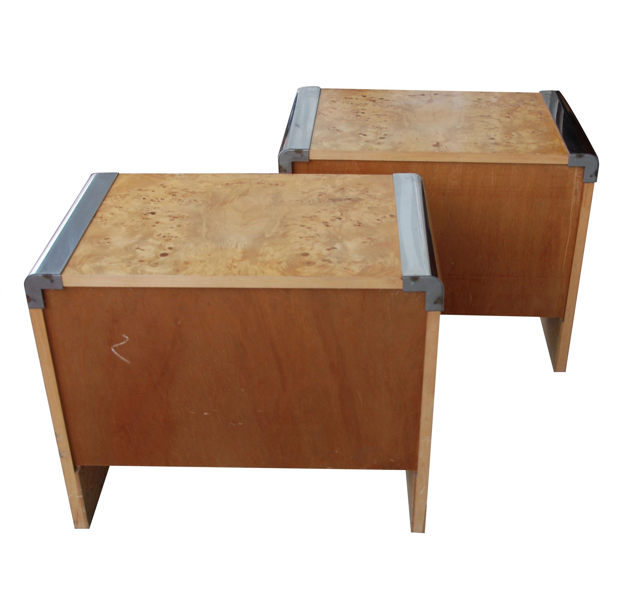 North American Pair of Leon Rosen for Pace Burl Chrome Nightstands