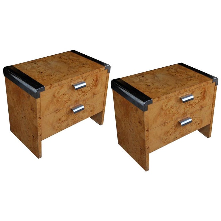 Pair of Leon Rosen for Pace Burl Chrome Nightstands at 1stDibs