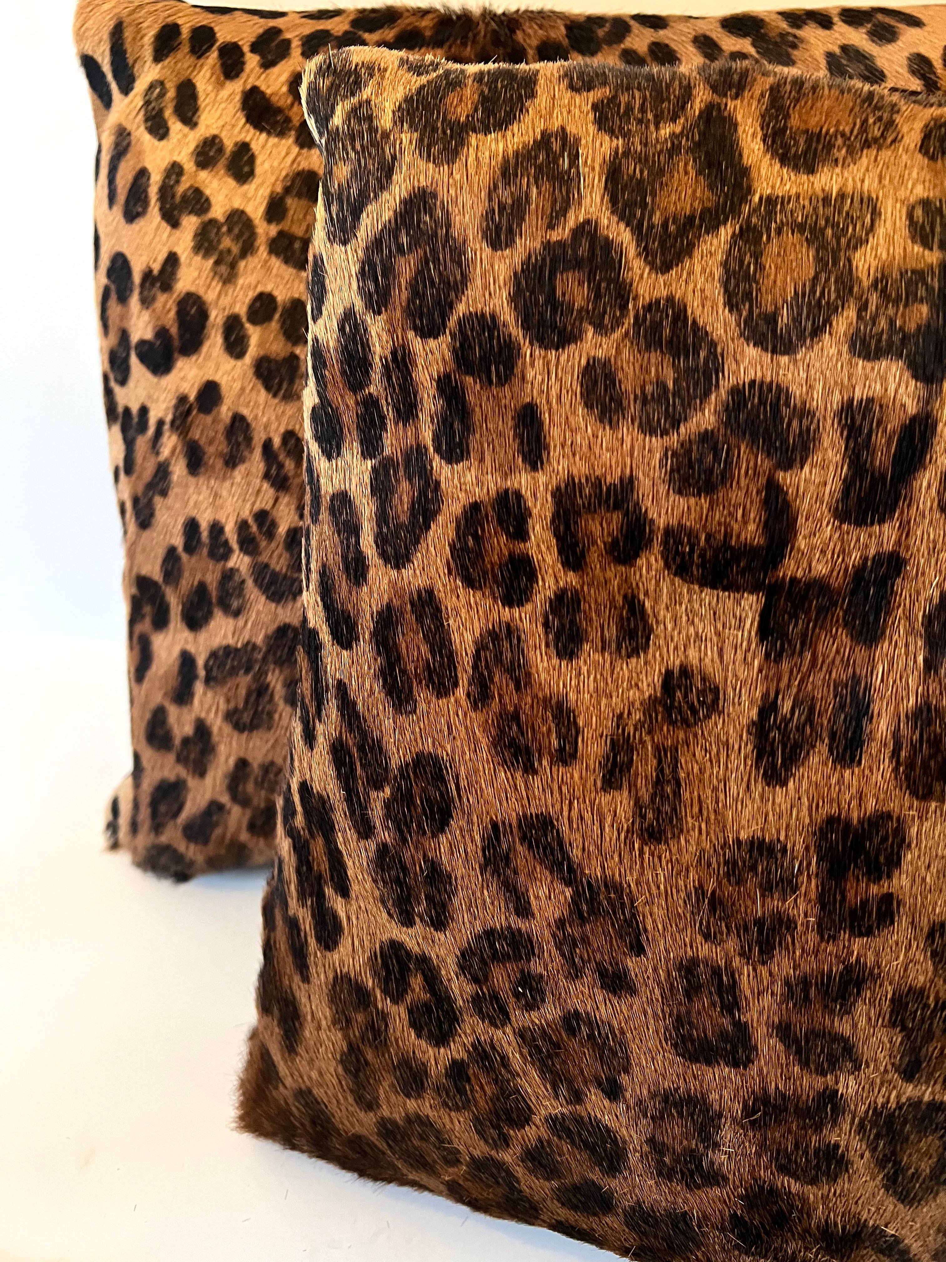 Cowhide Pair of Leopard Fur Pillows