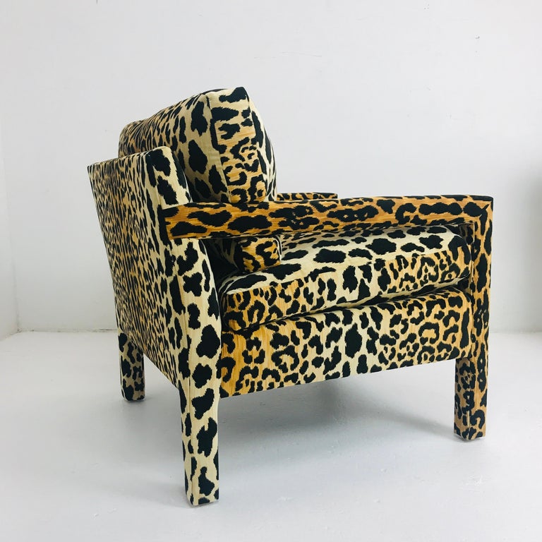 Woodwork Pair of Leopard Parson Chairs in the Style of Milo Baughman, Custom